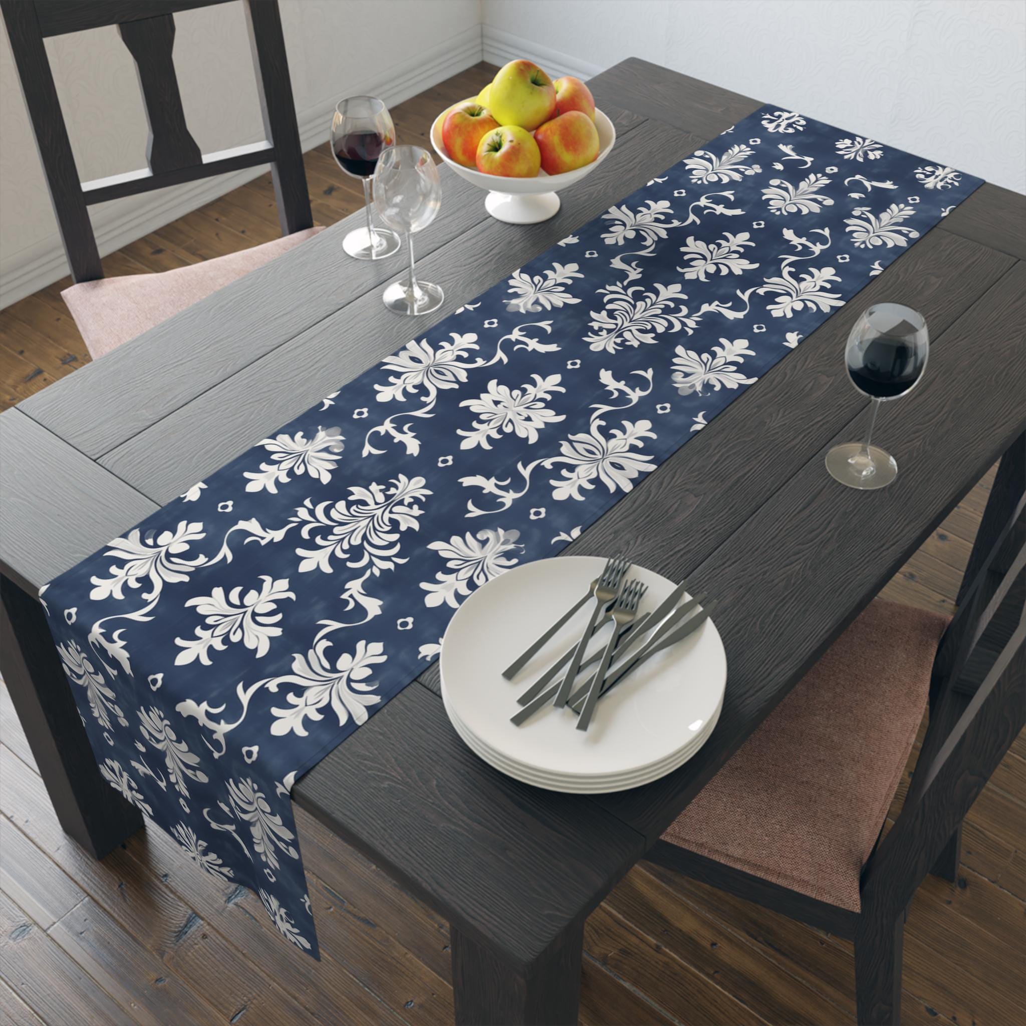 Elegant Navy Blue & White Damask Table Runner for Wedding, Dining Room, and Home Decor
