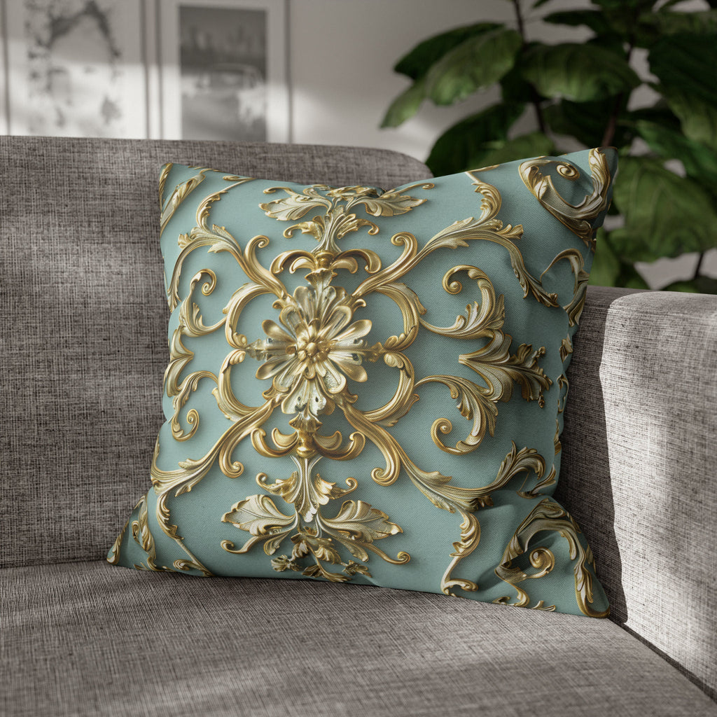 Luxurious Italian Rococo Pillow Cover: Gold Scrollwork on Soft Blue, Classical Ornate Design