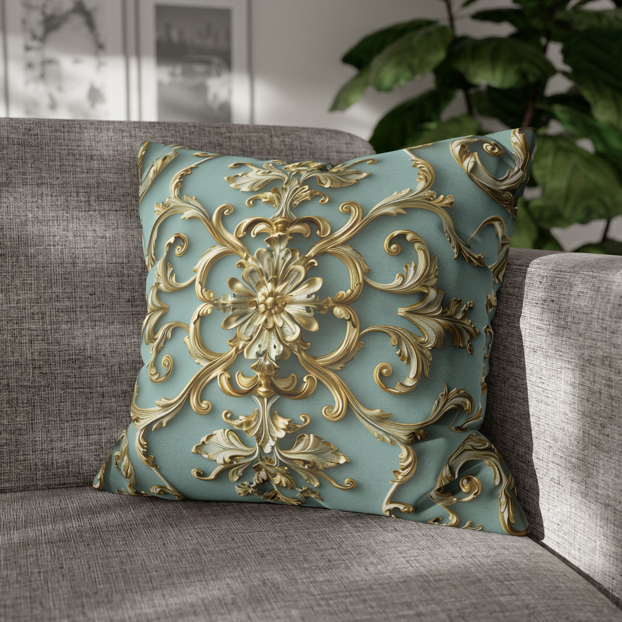 Luxurious Italian Rococo Pillow Cover: Gold Scrollwork on Soft Blue, Classical Ornate Design