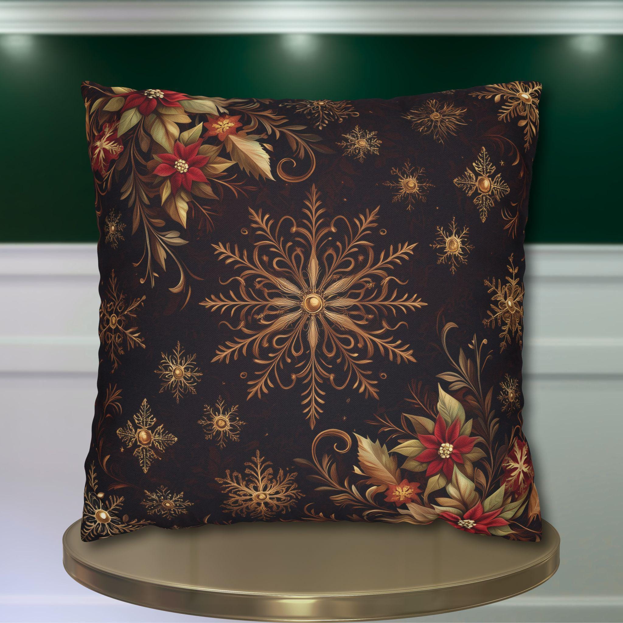 Luxurious Snowflake Poinsettia Pillowcase, Burgundy & Gold Christmas Winter Decor, Elegant Holiday Pillow Cover