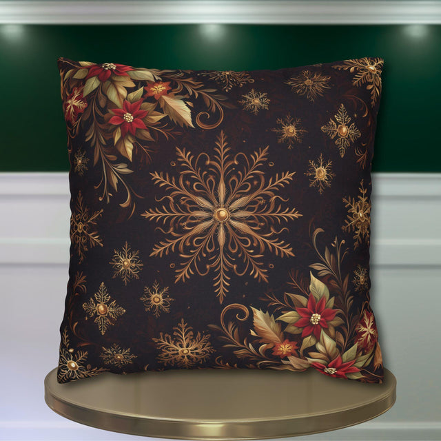Luxurious Snowflake Poinsettia Pillowcase, Burgundy & Gold Christmas Winter Decor, Elegant Holiday Pillow Cover