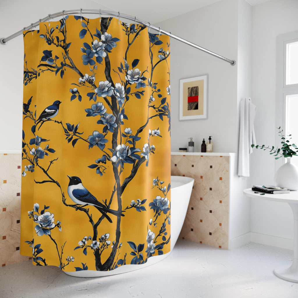 Elegant Chinoiserie Shower Curtain: Blue Birds on Golden Floral Branches, Nature-Inspired Bathroom Decor