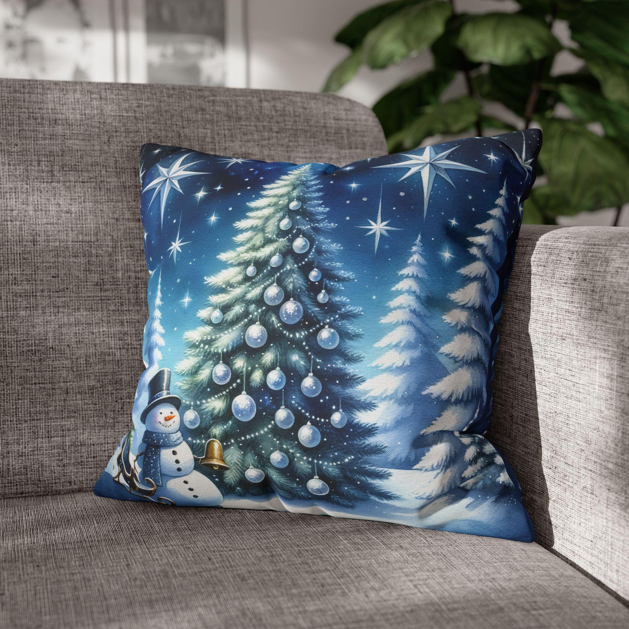 Serene Watercolor Style Christmas Pillow Cover: Snowman & Tree Winter Decor