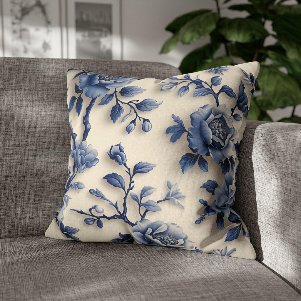 Elegant Chinoiserie Blue Floral Pillow Cover: Porcelain-Inspired Off-White