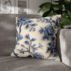 Elegant Chinoiserie Blue Floral Pillow Cover: Porcelain-Inspired Off-White