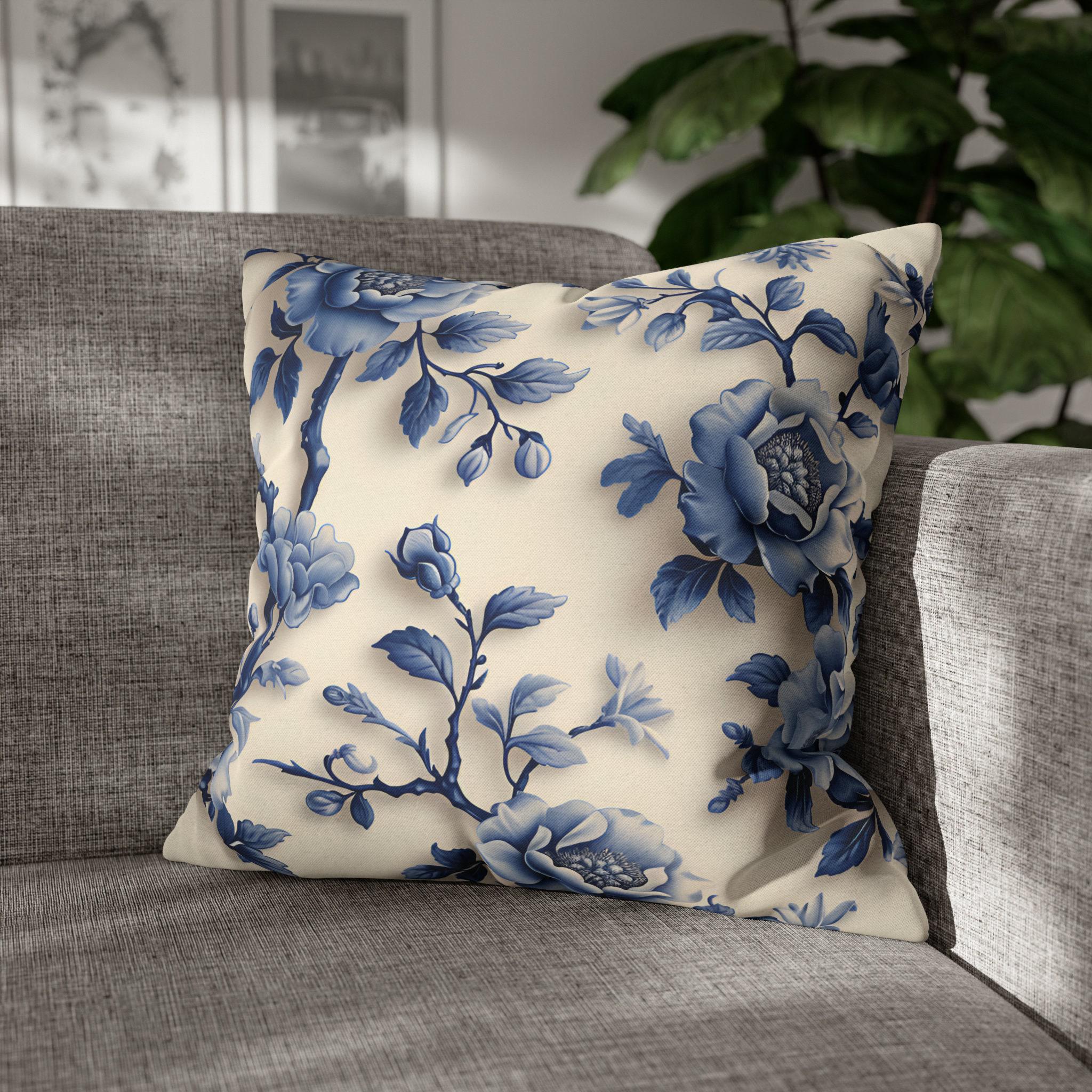 Elegant Chinoiserie Blue Floral Pillow Cover: Porcelain-Inspired Off-White