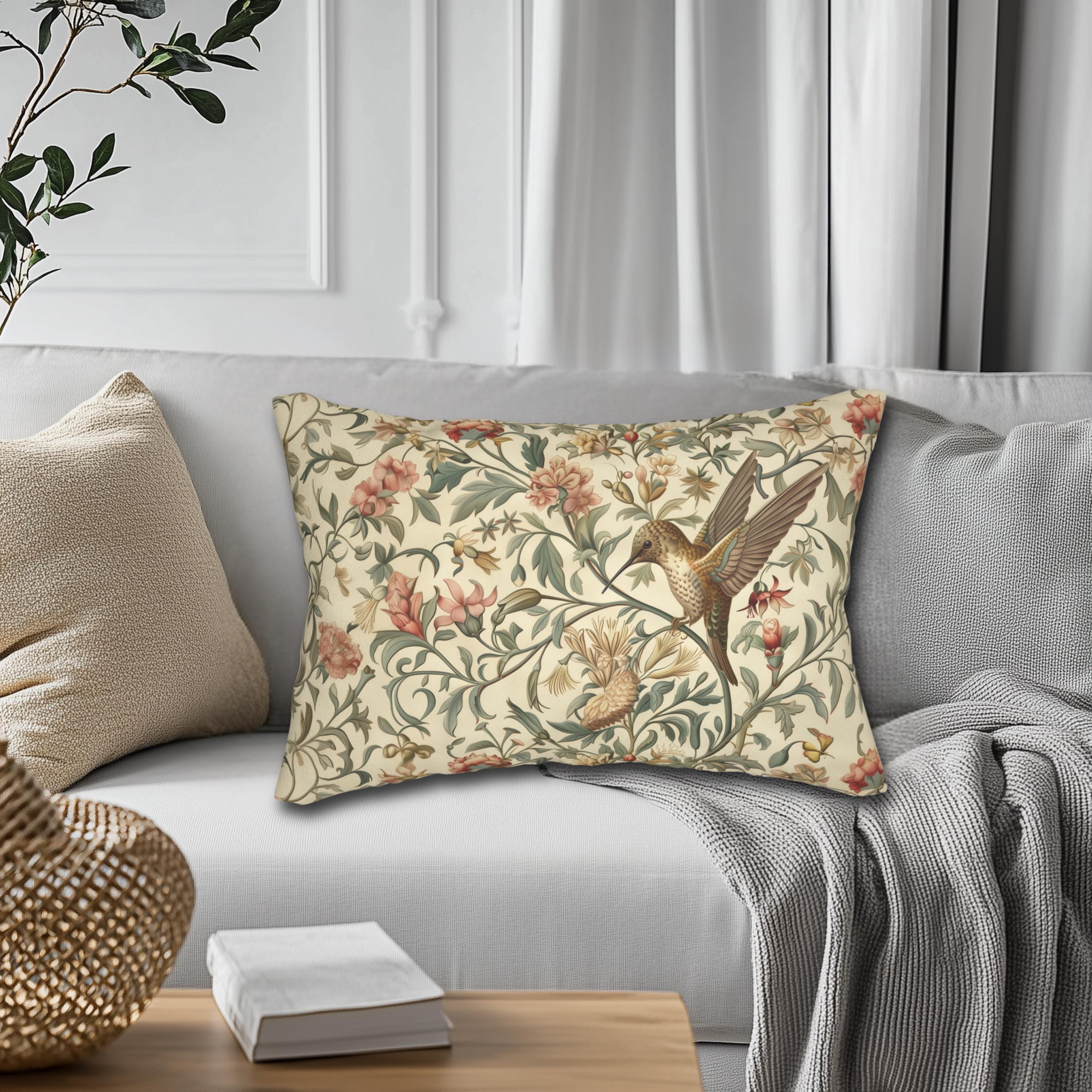 William Morris Hummingbird Lumbar Pillow - Elegant Floral Bird Design in Brown, Gold, and Green