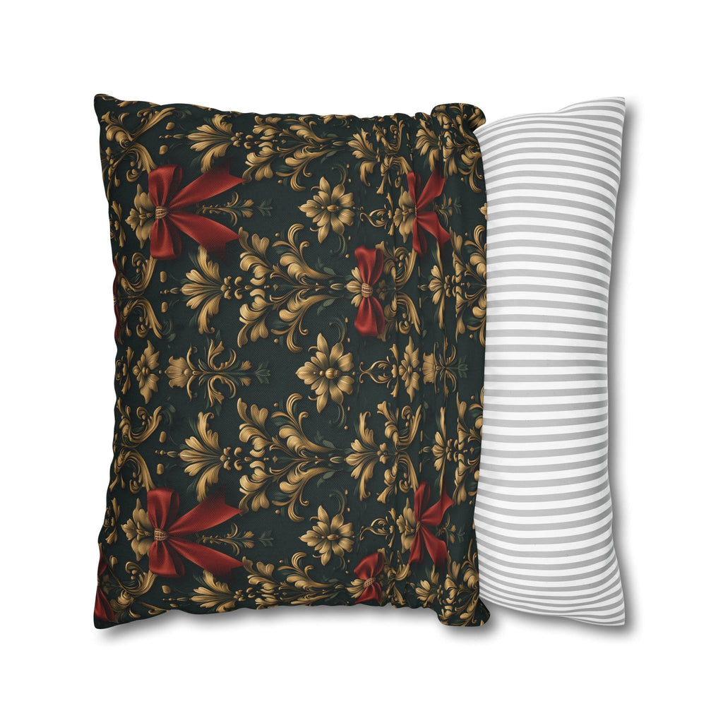 Gold Damask Christmas Pillow Cover with Printed Red Bow: Holiday Decor