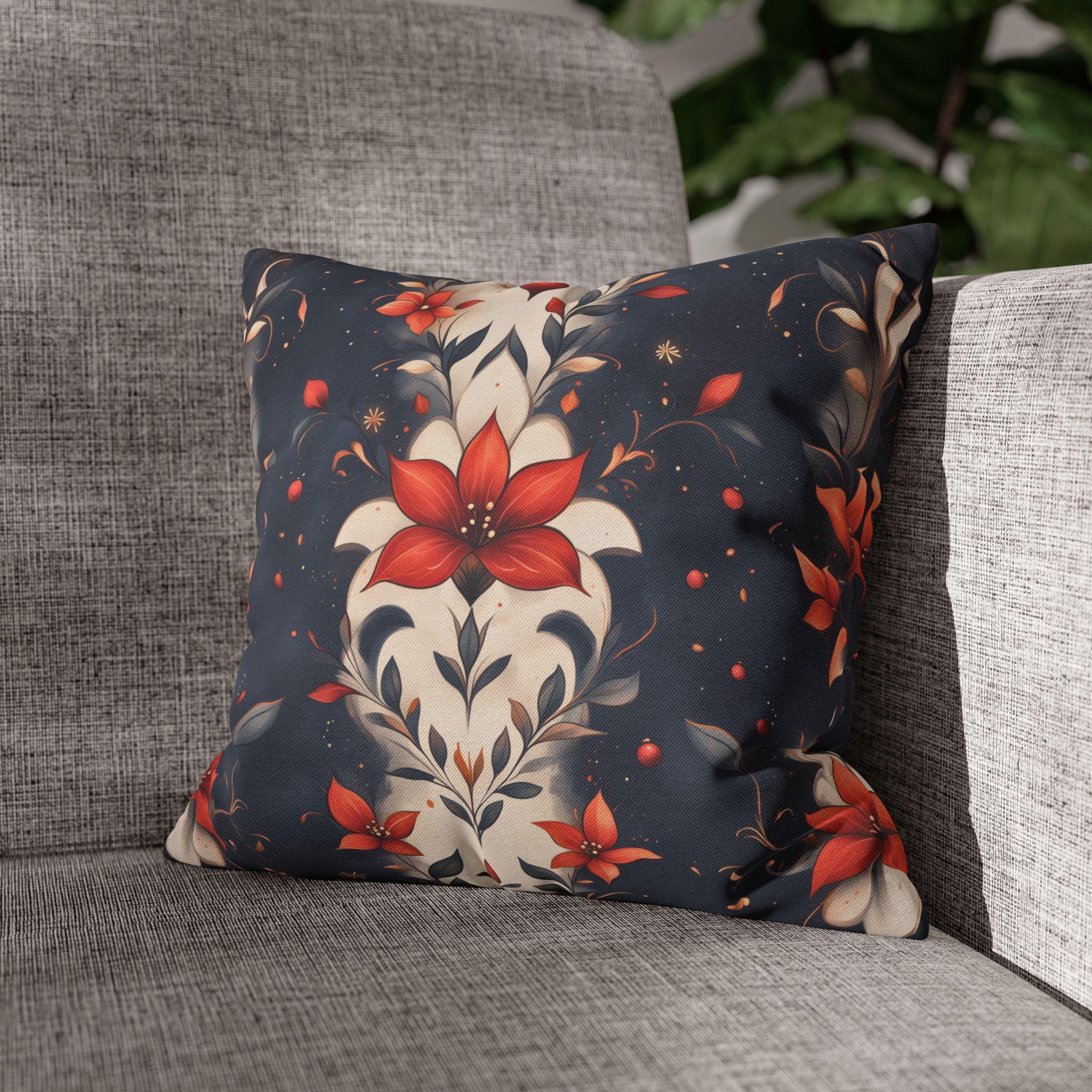 Fleur de Lis Poinsettia Pillow Cover, Holiday Floral on Navy