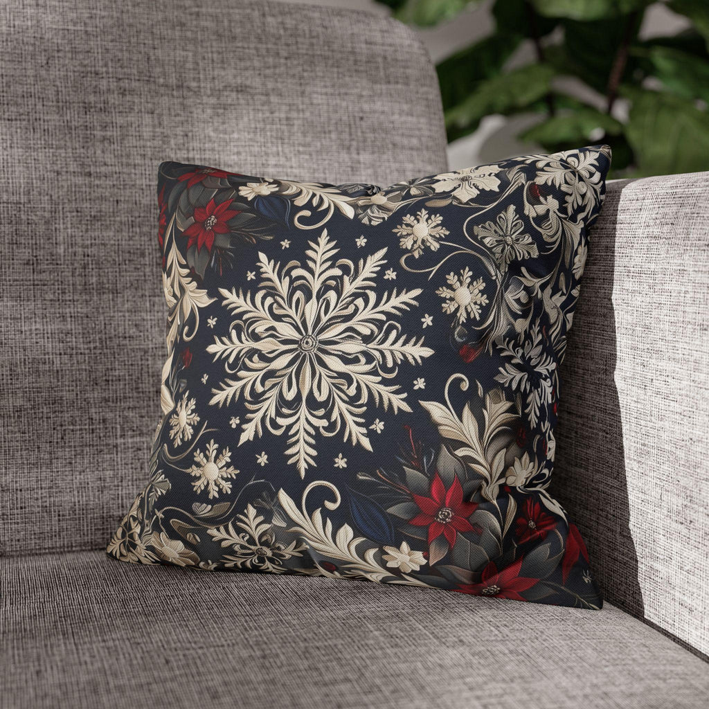 Christmas Snowflake & Poinsettia Pillow Cover: Navy Blue Cream and Garnet Red Cushion Case