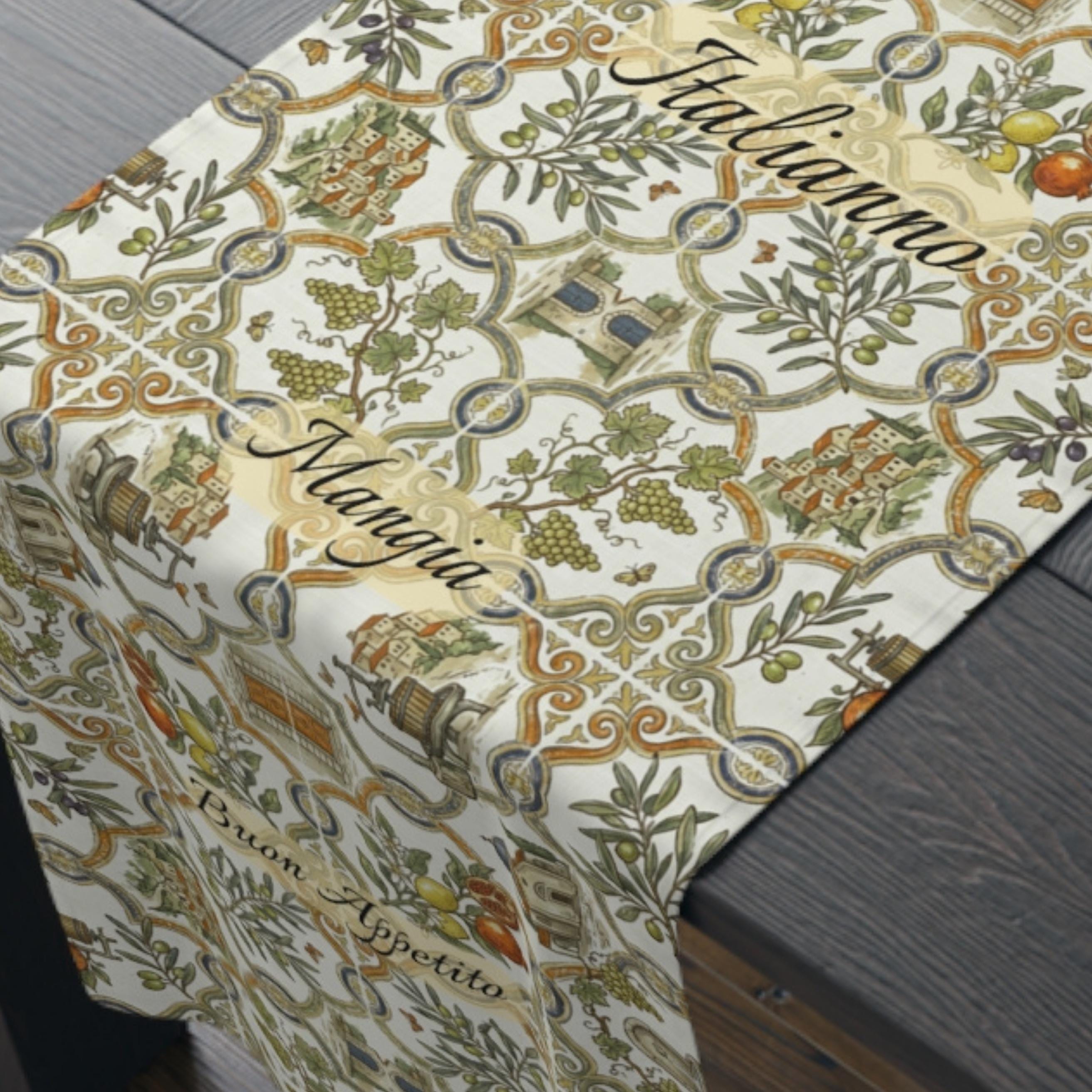 Italian Table Runner, Tuscan Heritage Villa Tile Pattern Dining Decor