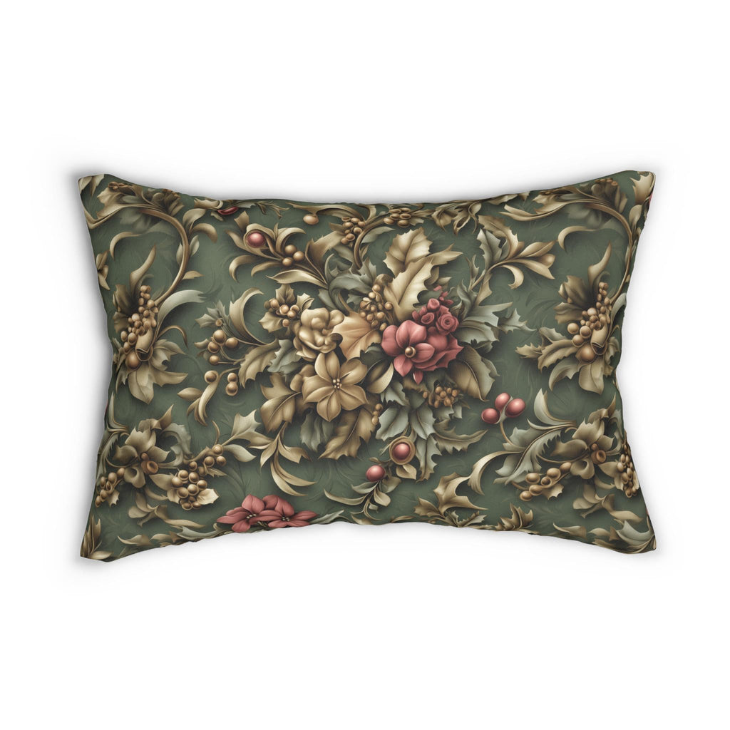 William Morris Inspired Holly & Poinsettia Christmas Lumbar Pillow: Deep Pine Sage, Brassy  Gold, Cranberry