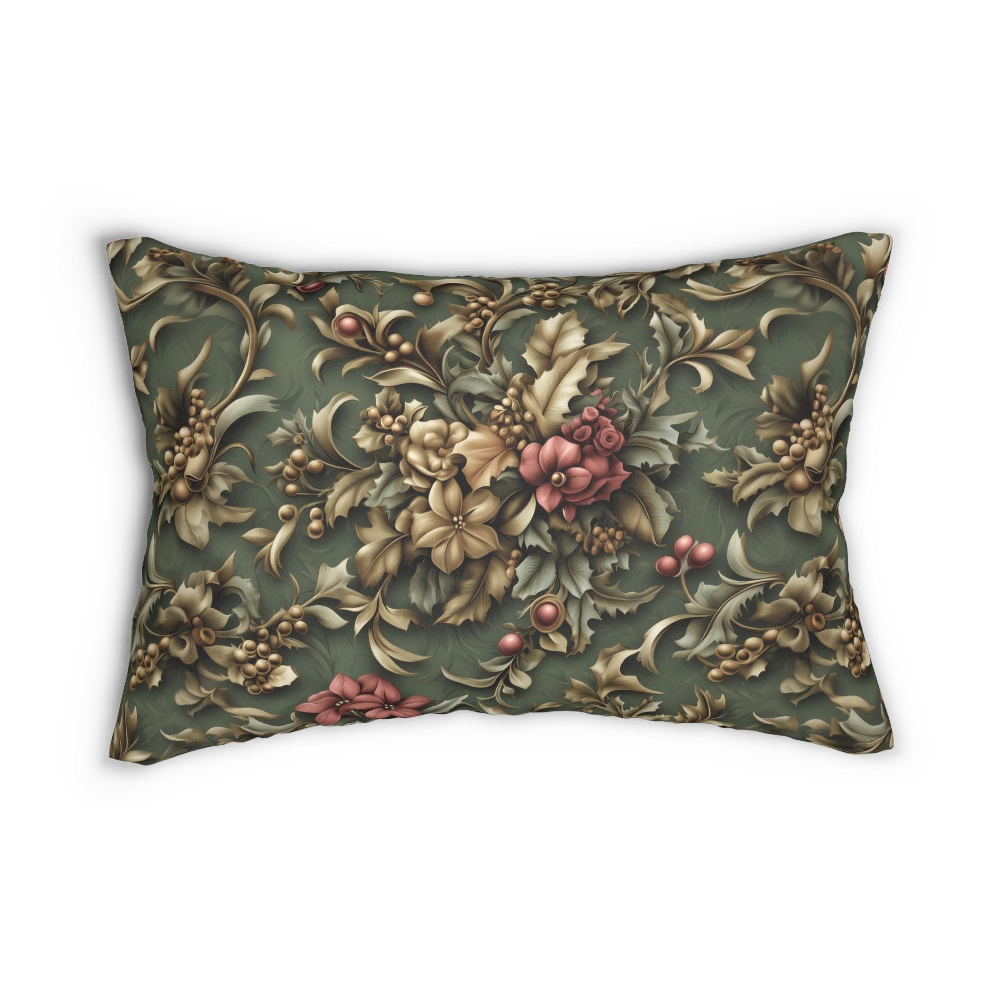 William Morris Inspired Holly & Poinsettia Christmas Lumbar Pillow: Deep Pine Sage, Brassy  Gold, Cranberry