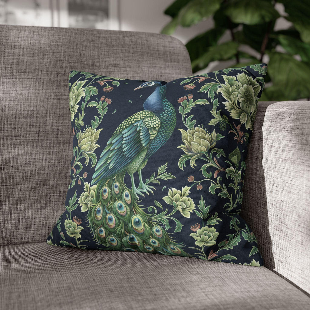 Peacock and Floral Pillow Cover | Elegant Navy Blue Background | Nature-Inspired Home Decor