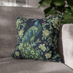 Peacock and Floral Pillow Cover | Elegant Navy Blue Background | Nature-Inspired Home Decor