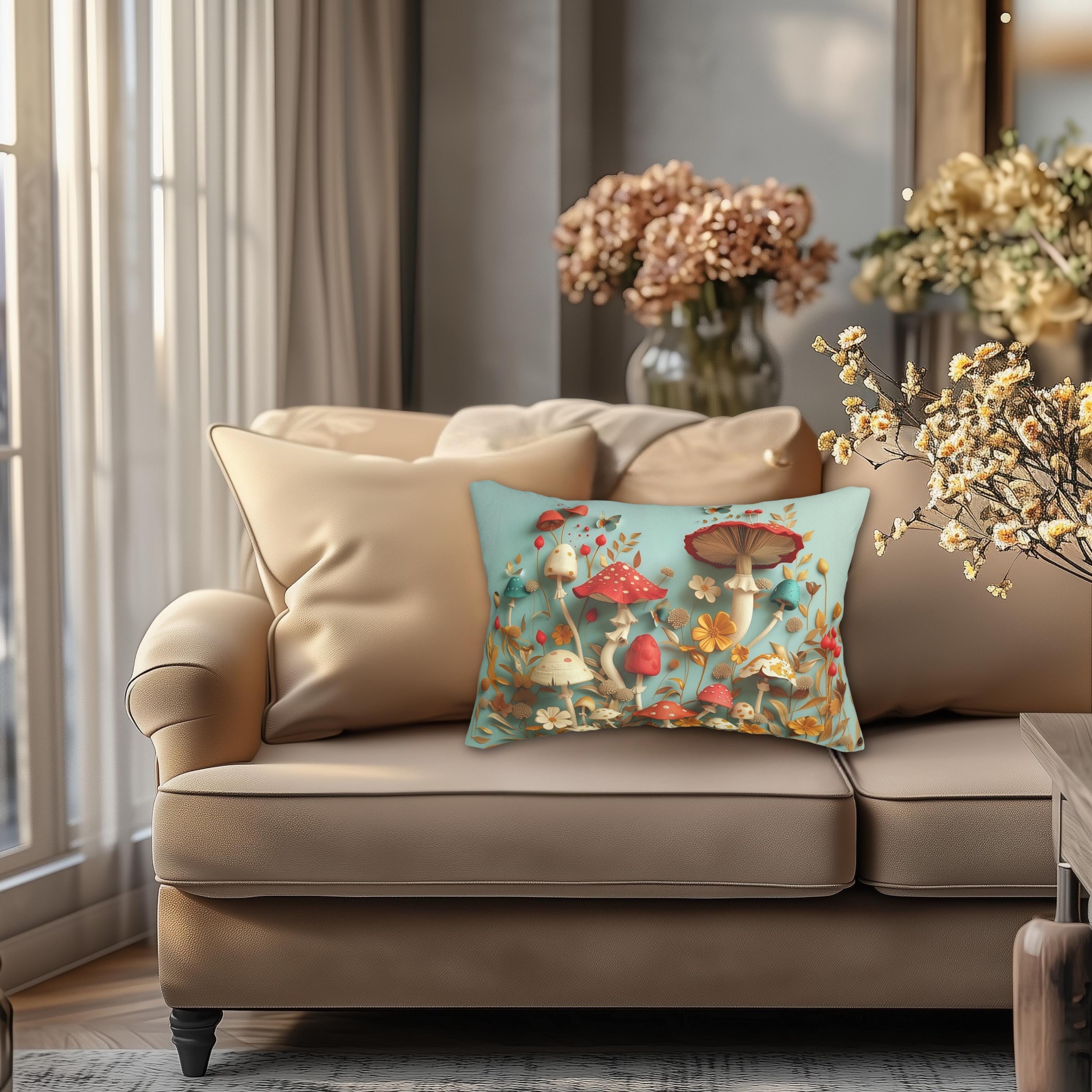 Mushroom Lumbar Throw Pillow: Magical Forest Whimsical Design