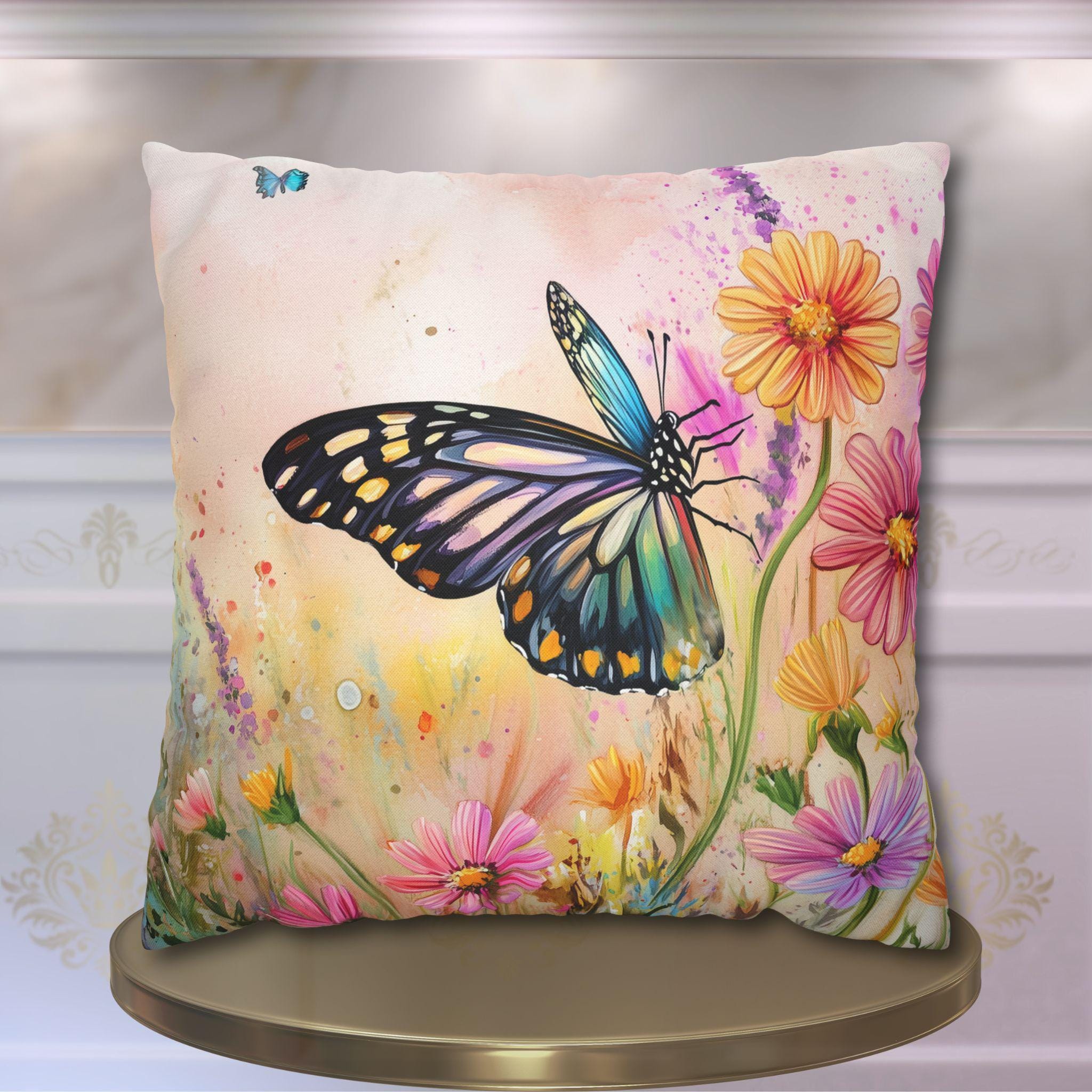 Vibrant Butterfly Garden Pillow Cover: Watercolor Floral Accent for Home Decor