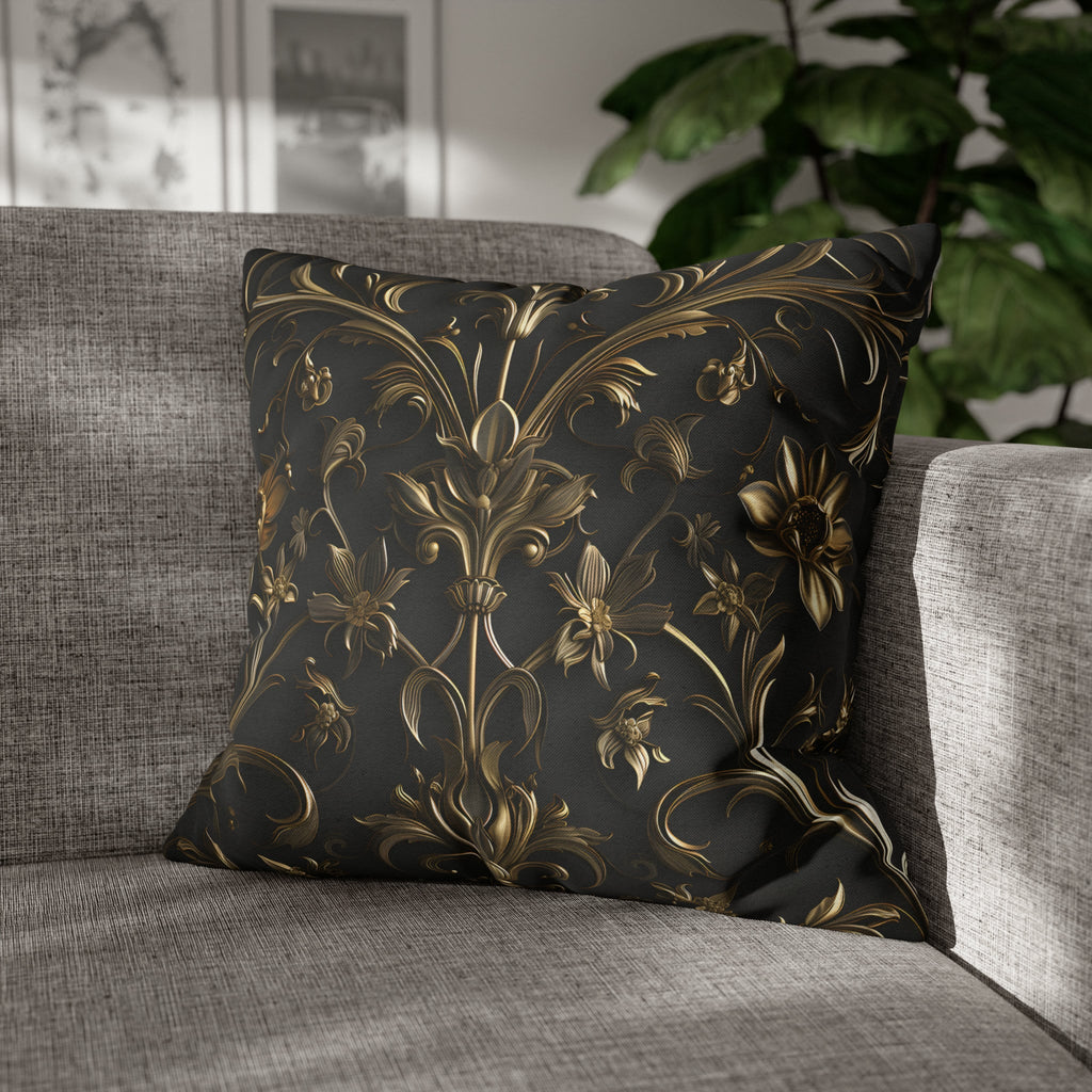 Luxurious Italian Baroque Pillow Cover: Golden Floral on Charcoal for Elegant Home Decor