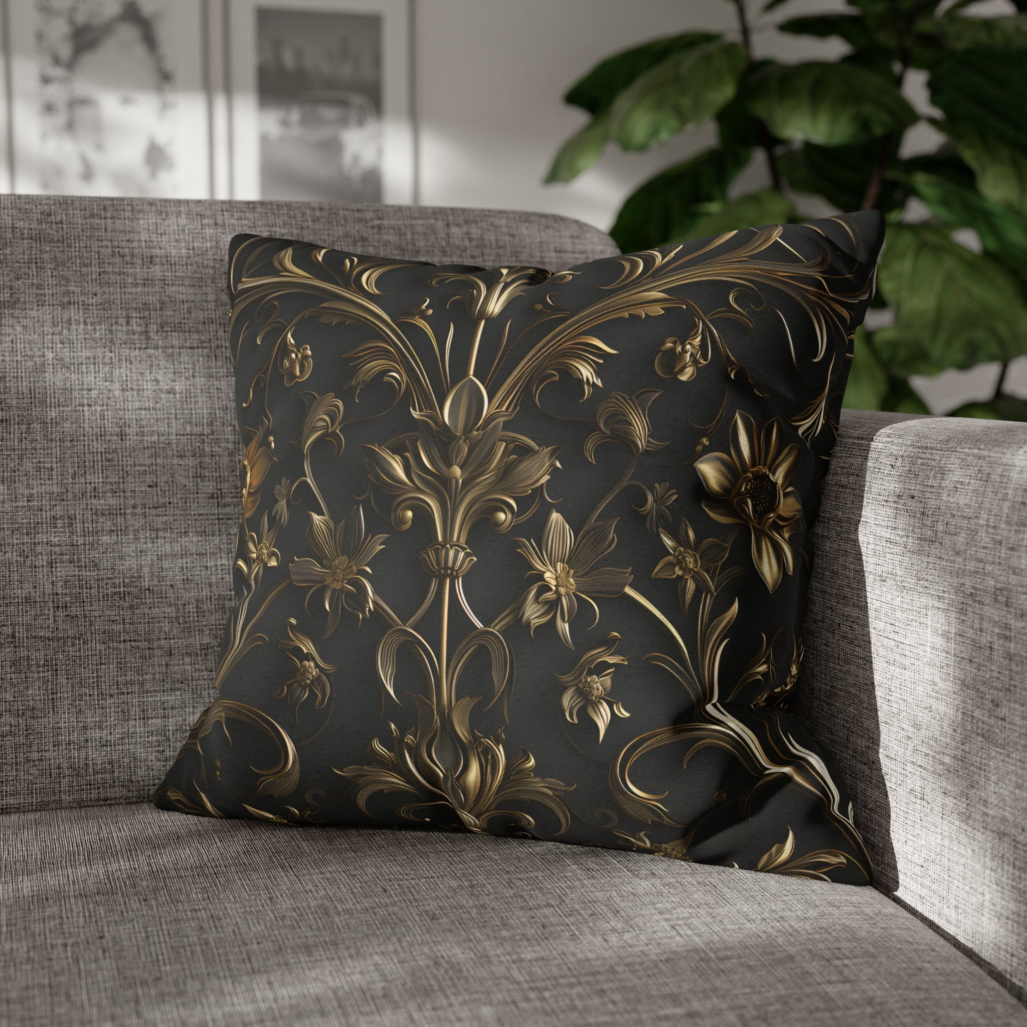 Luxurious Italian Baroque Pillow Cover: Golden Floral on Charcoal for Elegant Home Decor
