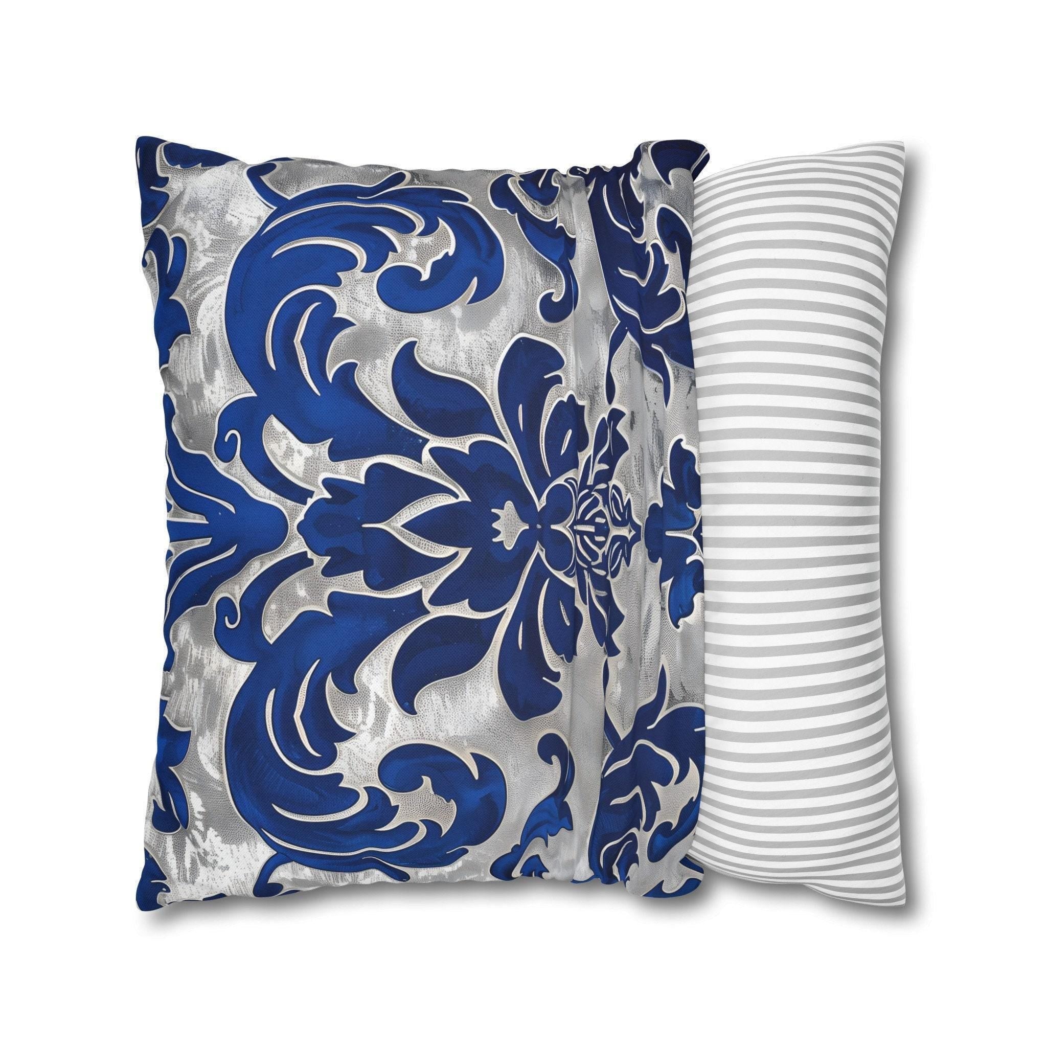 Baroque Royal Blue Floral Pillow Cover: Elegant Silver Accent