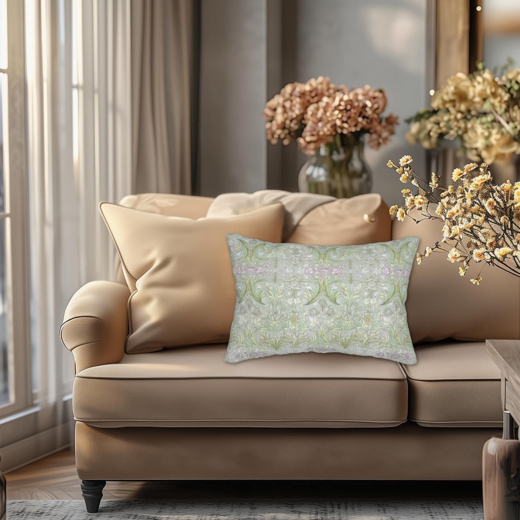 William Morris Inspired Lumbar Pillow: Soft Sage Botanical with Muted Lavender