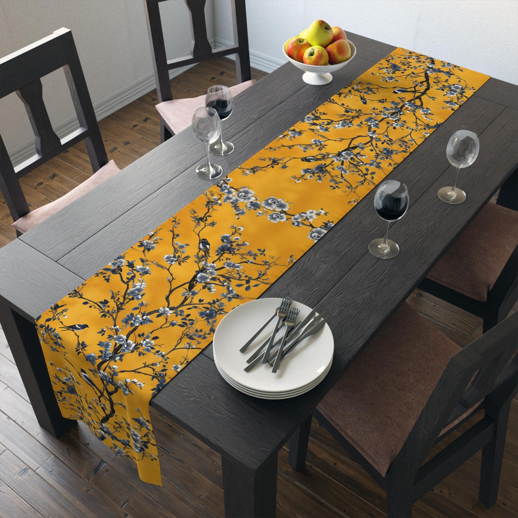 Elegant Chinoiserie Table Runner: Mustard Yellow with Black Birds, Asian-Inspired Dining Decor