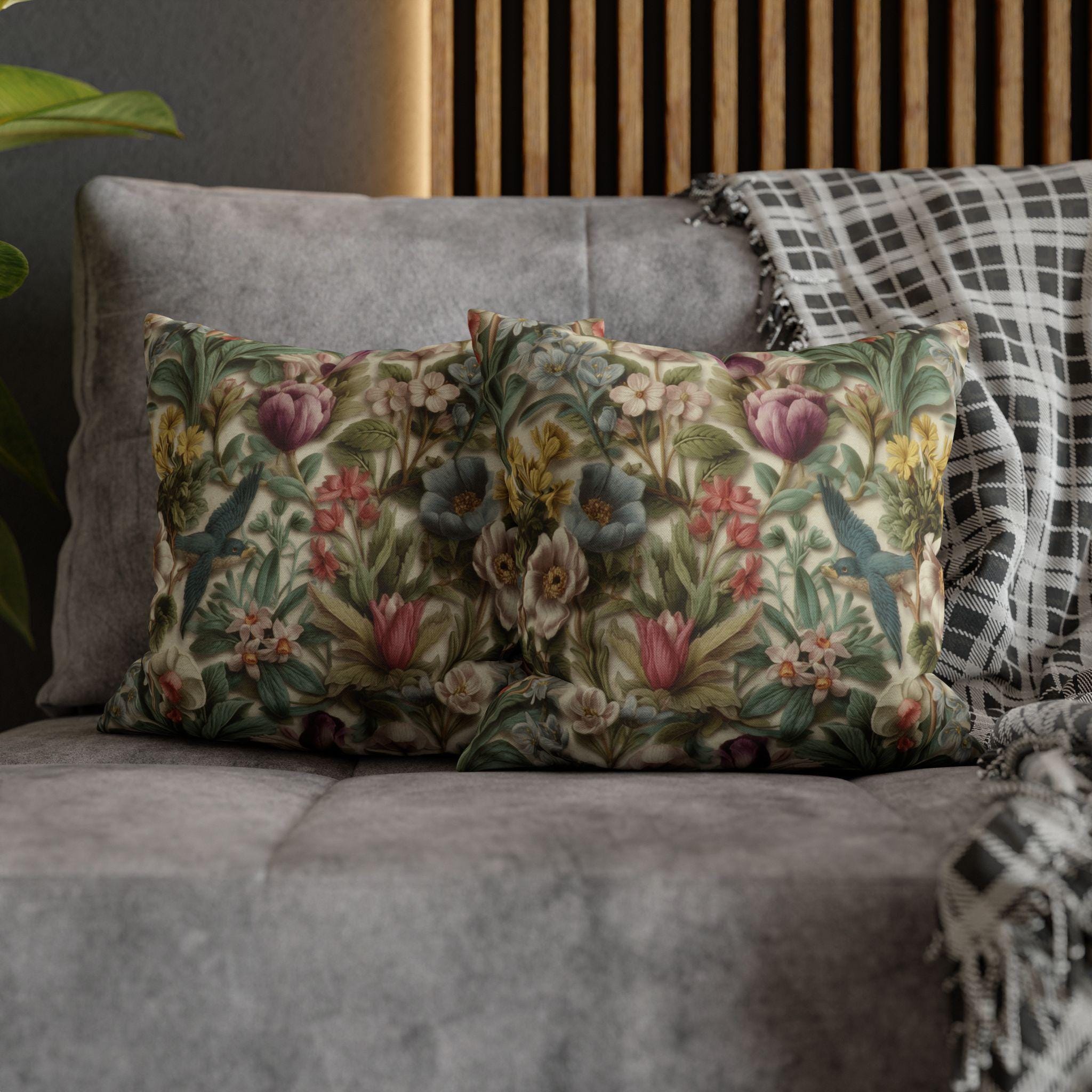 Stylized Botanical Pillow Cover: Floral & Songbird Garden in Soft Pastels