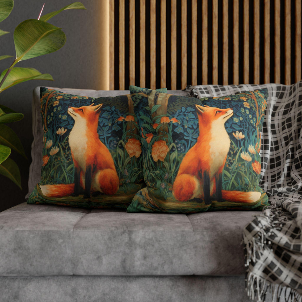 Morris-Inspired Red Fox Botanical Pillow Cover: Vintage Style Moody Woodland Blooms