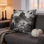Halloween Toile Pillow Cover: Haunted House, Crows and Black Cat in Monochrome