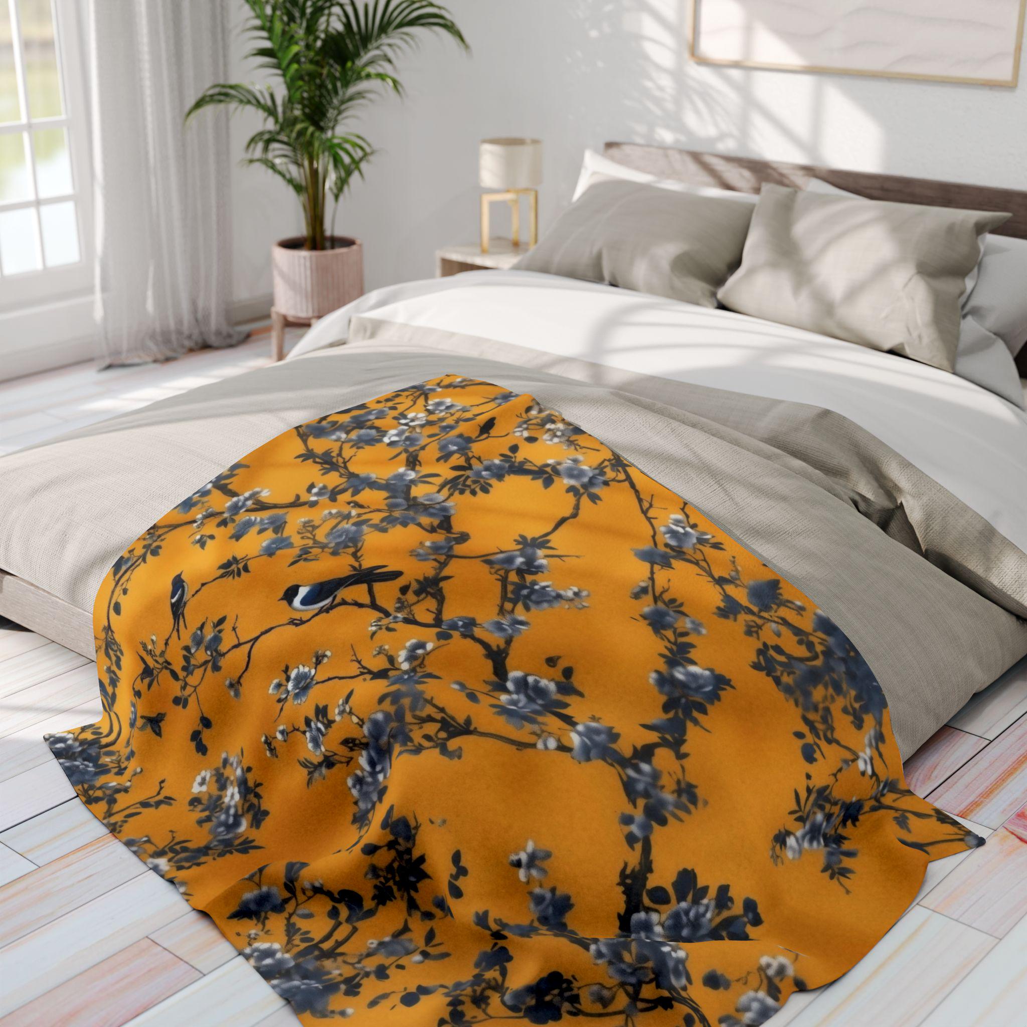 Elegant Chinoiserie Throw Blanket: Golden Yellow with Blue Blossom Branches, Asian-Inspired Home Accent