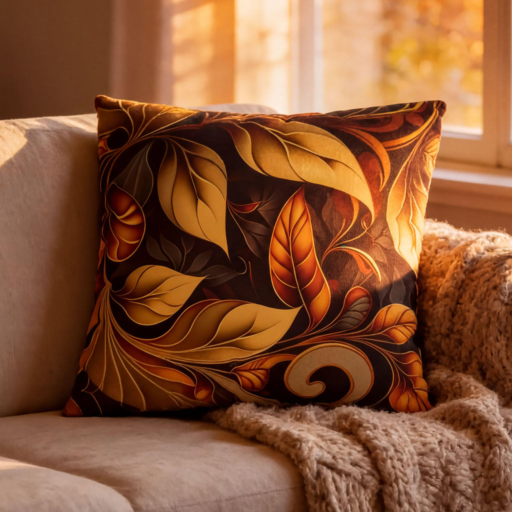 Autumnal Leaves Throw Pillow Cover: Orange and Gold Foliage on Rich Brown Background