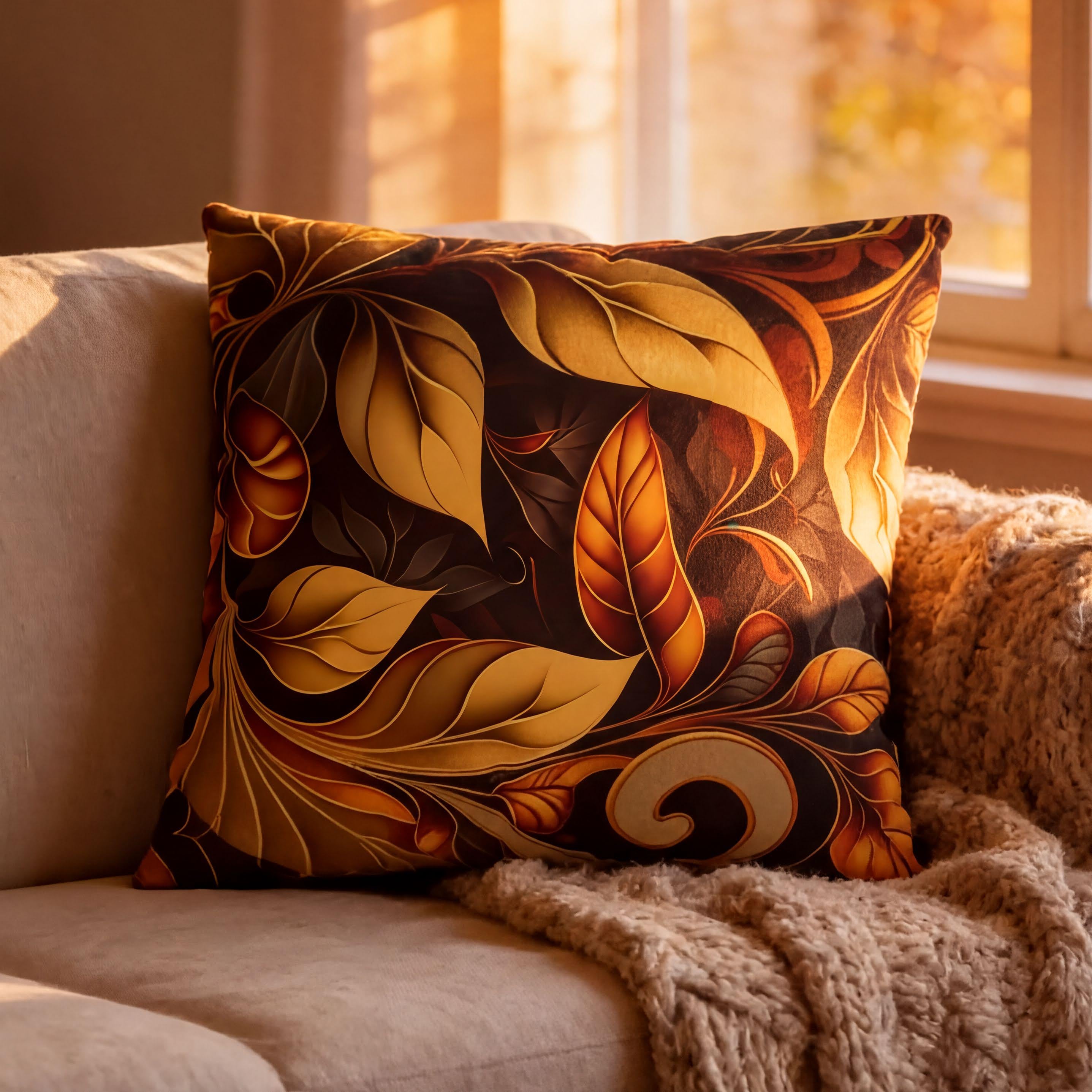 Autumnal Leaves Throw Pillow Cover: Orange and Gold Foliage on Rich Brown Background