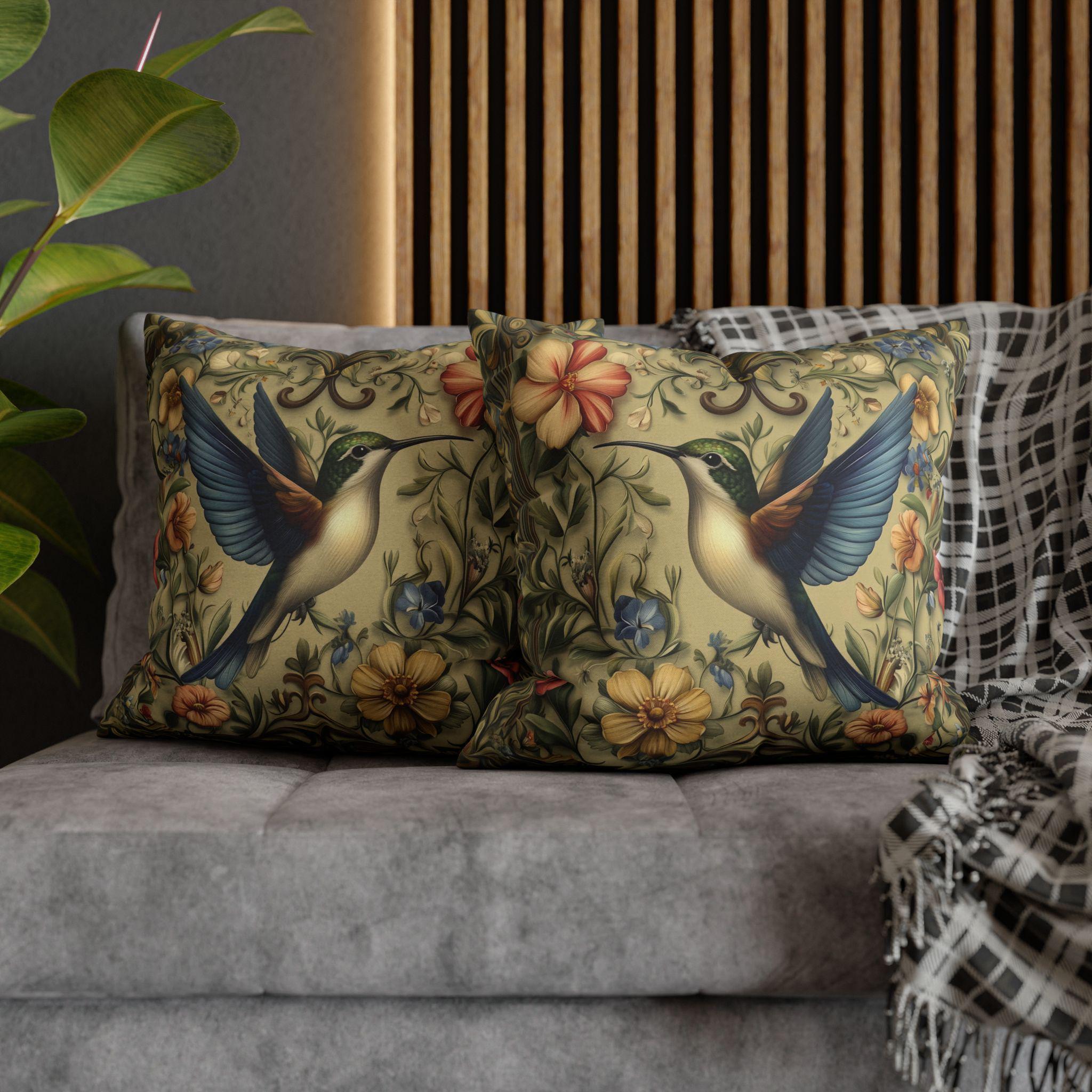 William Morris Inspired Hummingbird Garden Pillow Cover: Vintage Floral Aviary Cushion for Home Decor