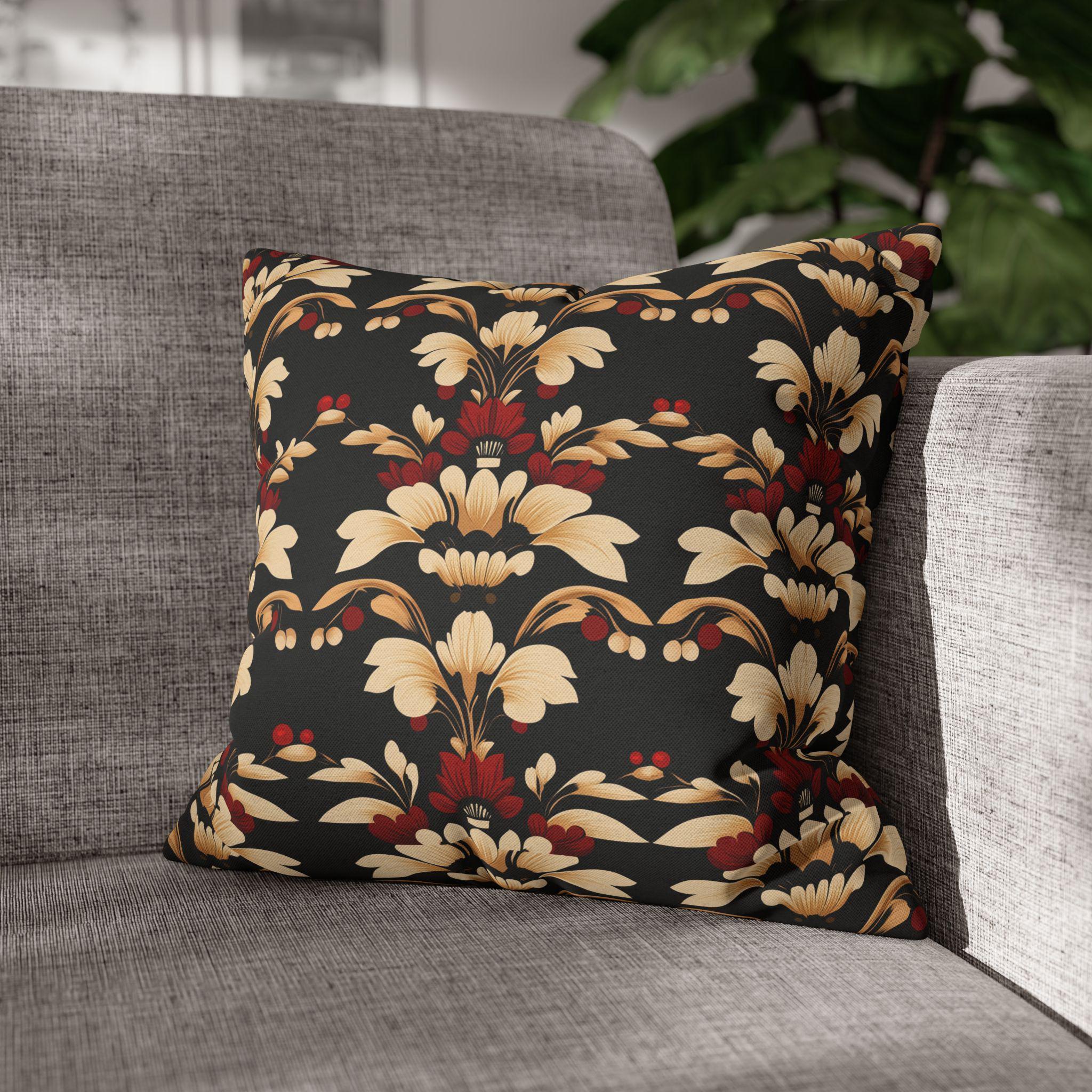 Vintage Style Floral Art Deco Throw Pillow Cover, Cream Red Gold