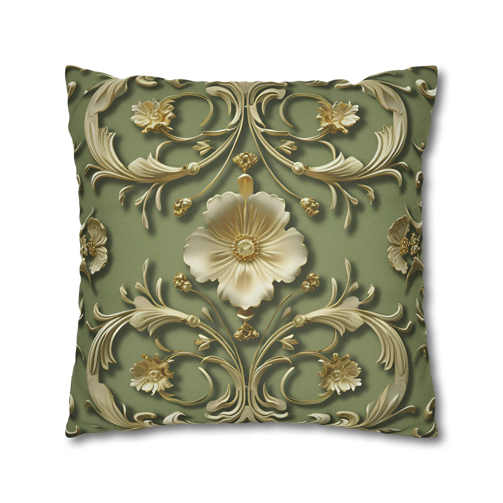 French Baroque Floral Pillow Cover: Sage Green & Gold Vintage Cushion