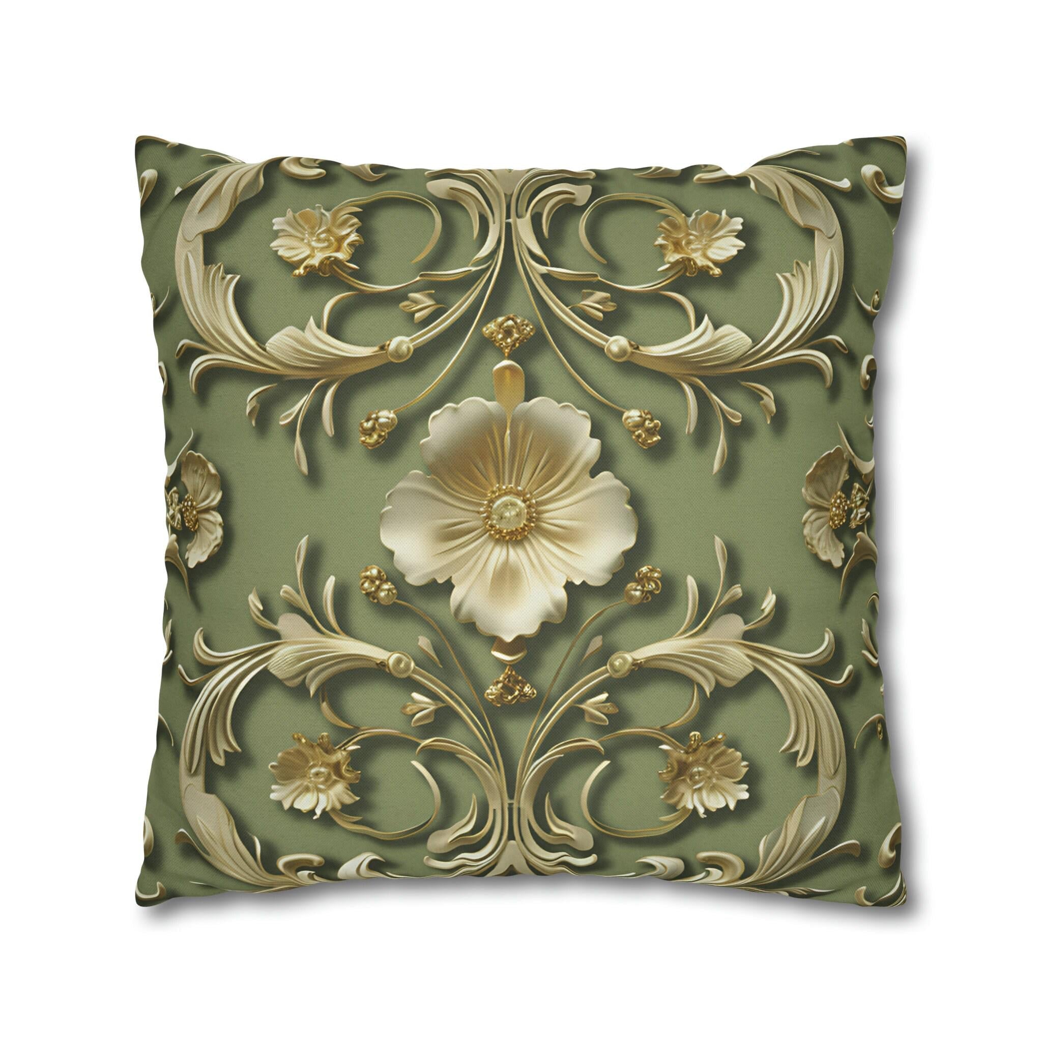French Baroque Floral Pillow Cover: Sage Green & Gold Vintage Cushion