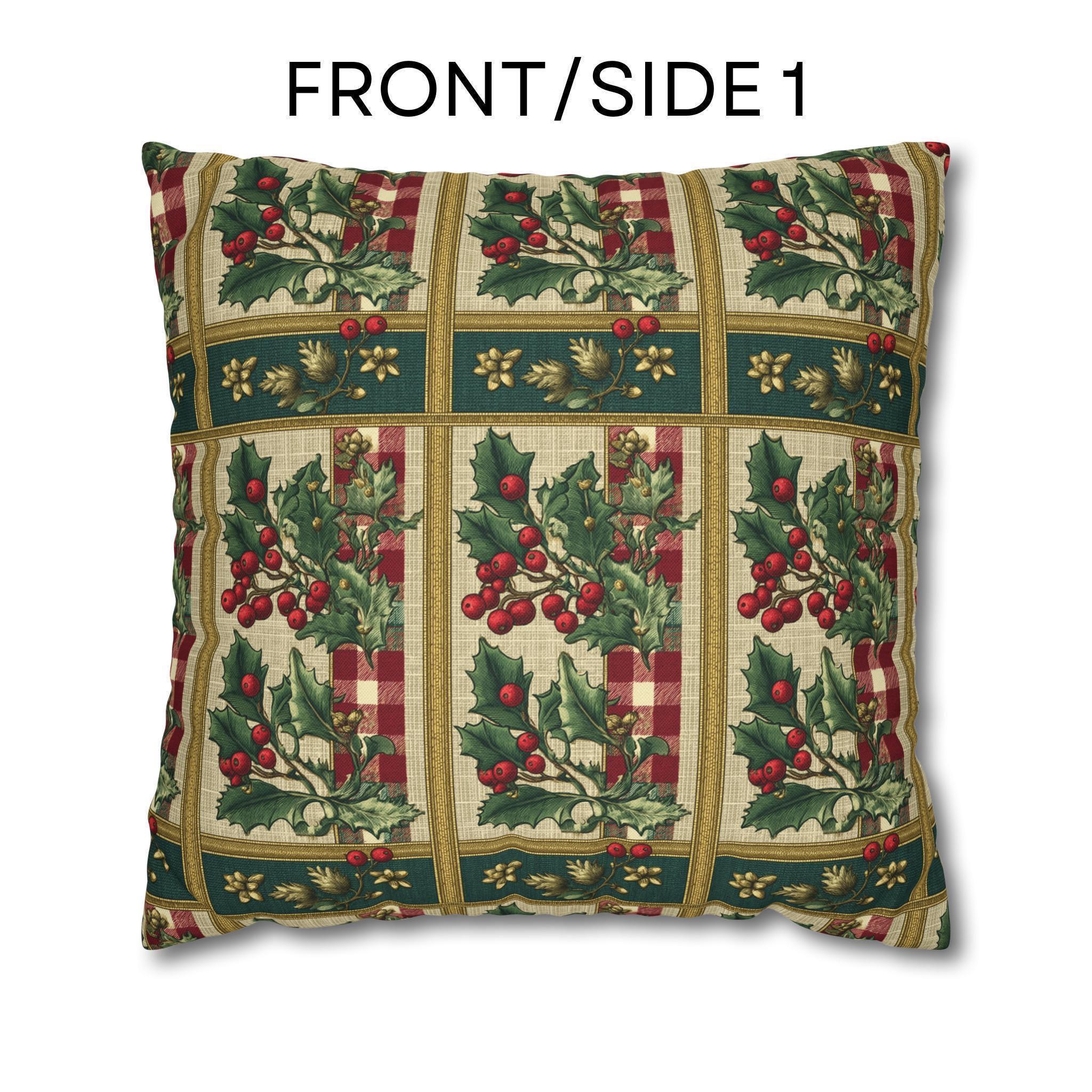 Gingham & Holly Christmas Pillow Cover:  Classic Vintage Holiday Style with Stripes