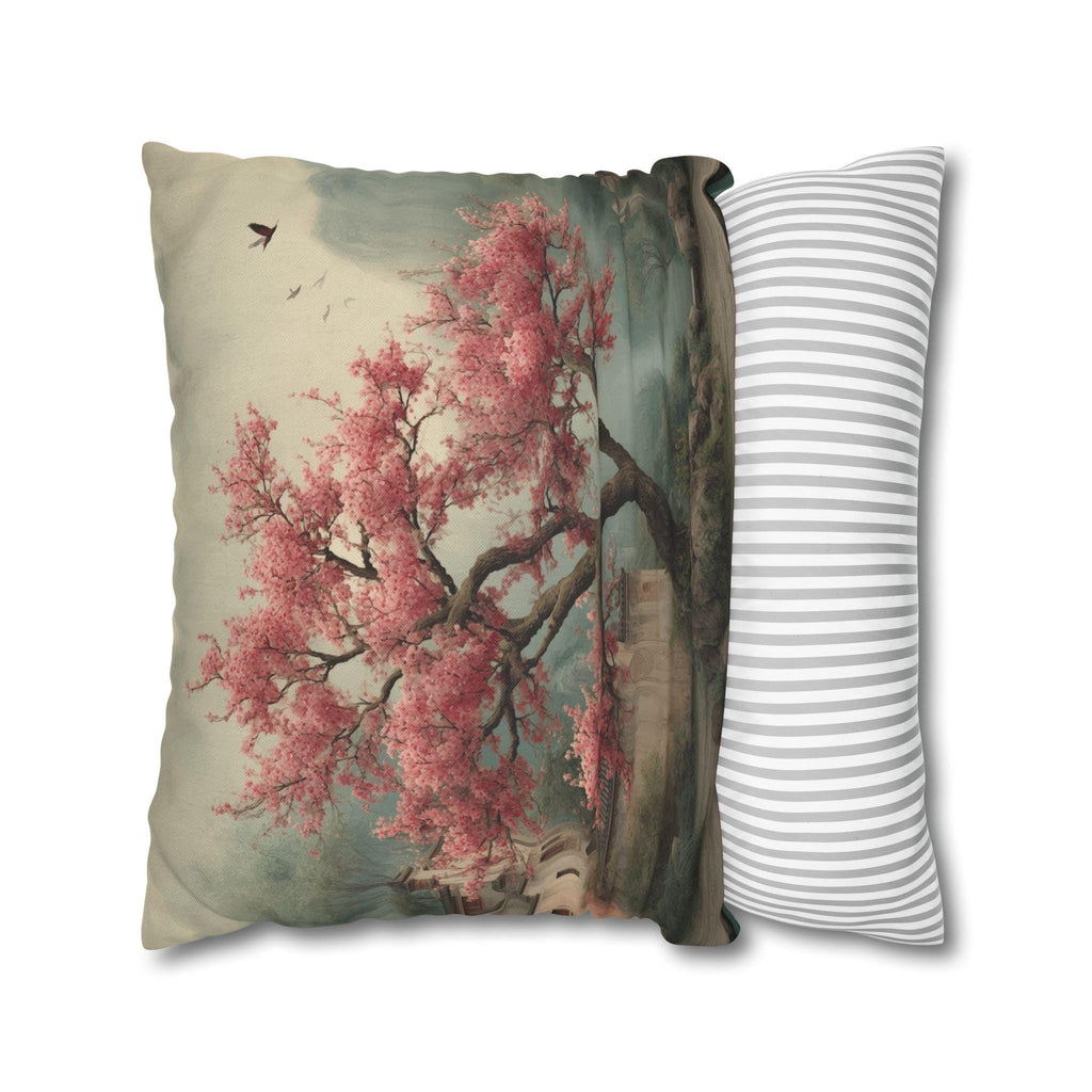 Chinoiserie Watercolor Pillow Cover: Pink Blossom Tree with Misty Temple Landscape Scene