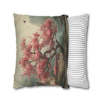 Chinoiserie Watercolor Pillow Cover: Pink Blossom Tree with Misty Temple Landscape Scene