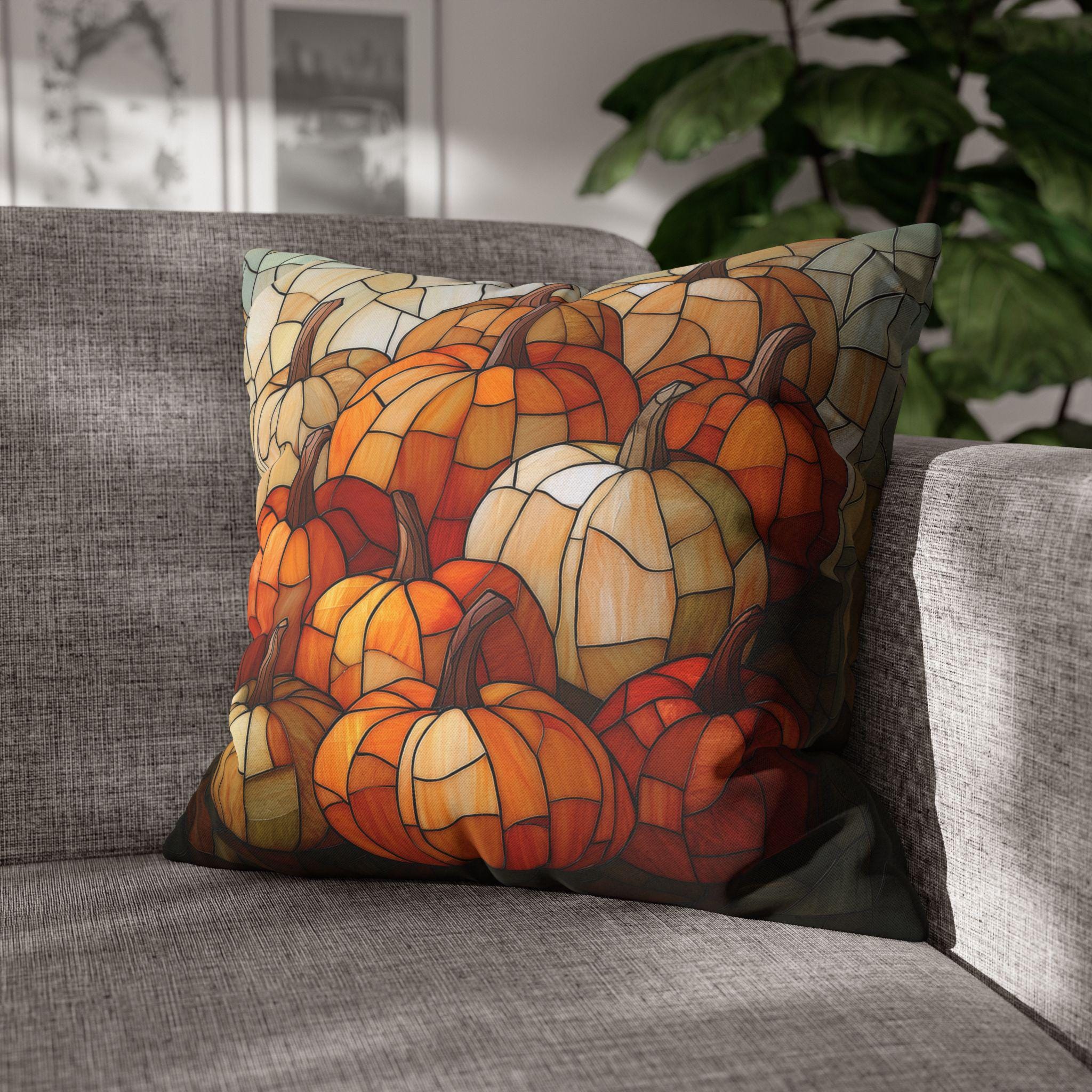 Pumpkin Mosaic Pillow Cover, Fall Decor, Stained Glass Effect