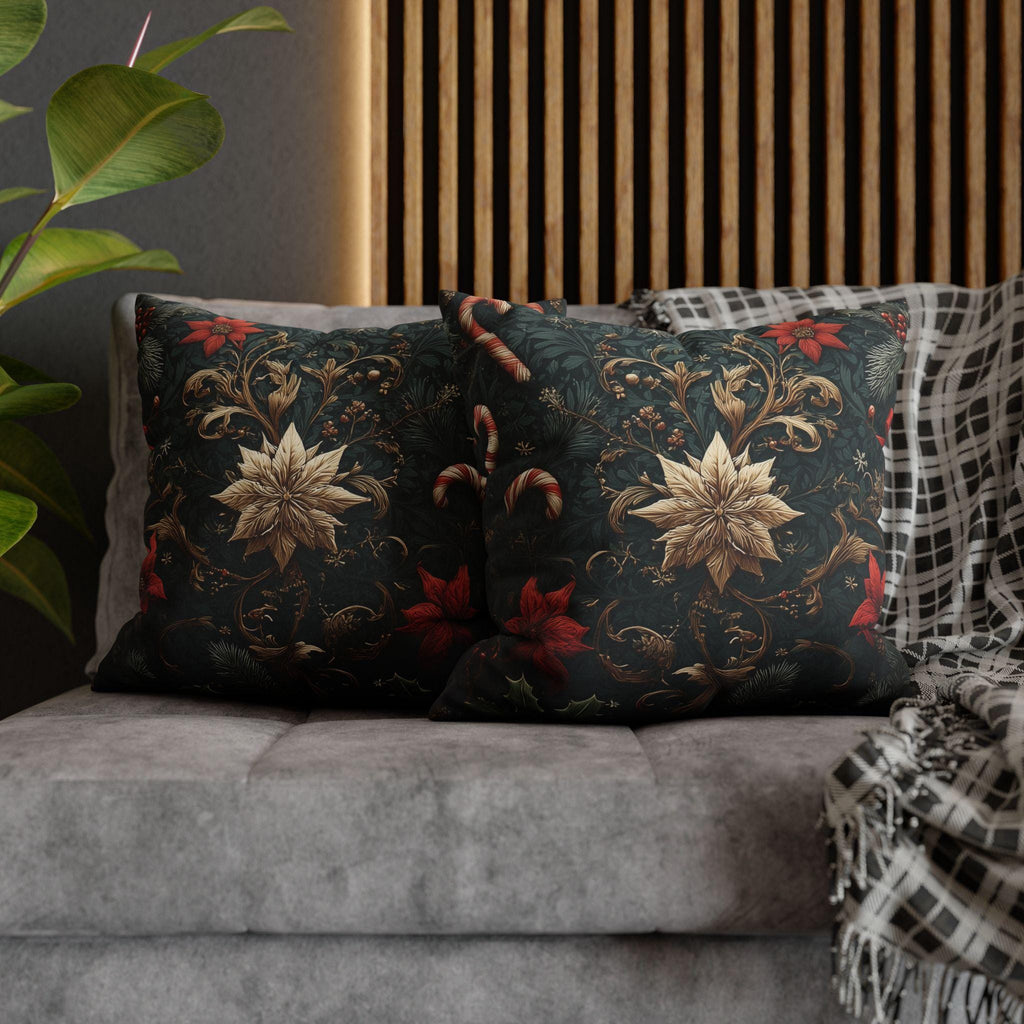 Dark Botanical Holiday Pillow Cover: Gold Poinsettia, Red Florals & Candy Canes on Deep Pine