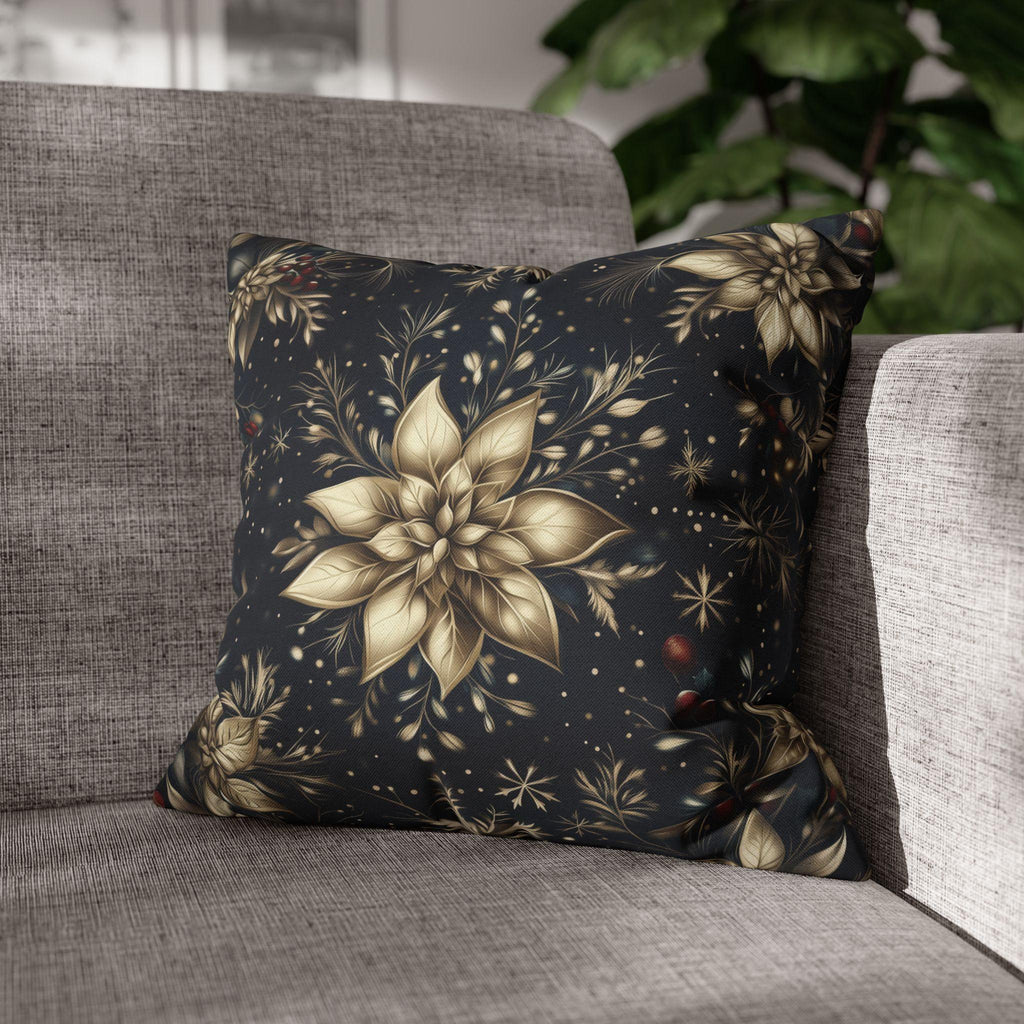Elegant Holiday Pillow Cover | Golden Poinsettia Design | Navy Blue Background