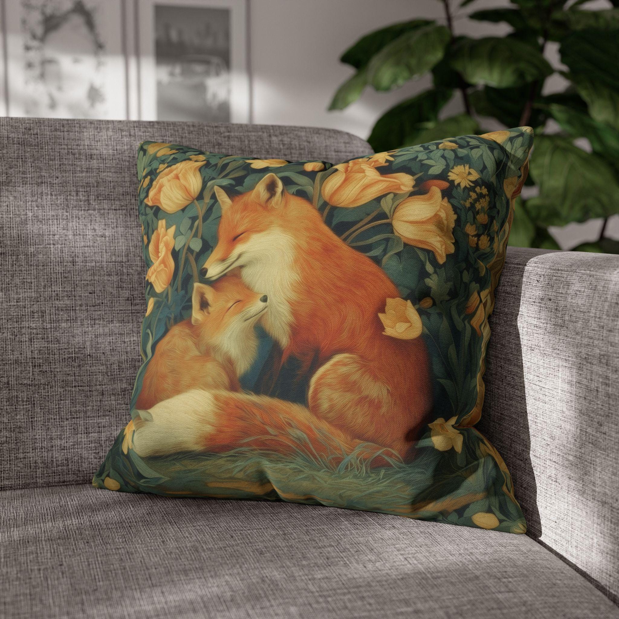 Mother's Bond Fox Pillow Cover: William Morris Inspired Woodland Botanical