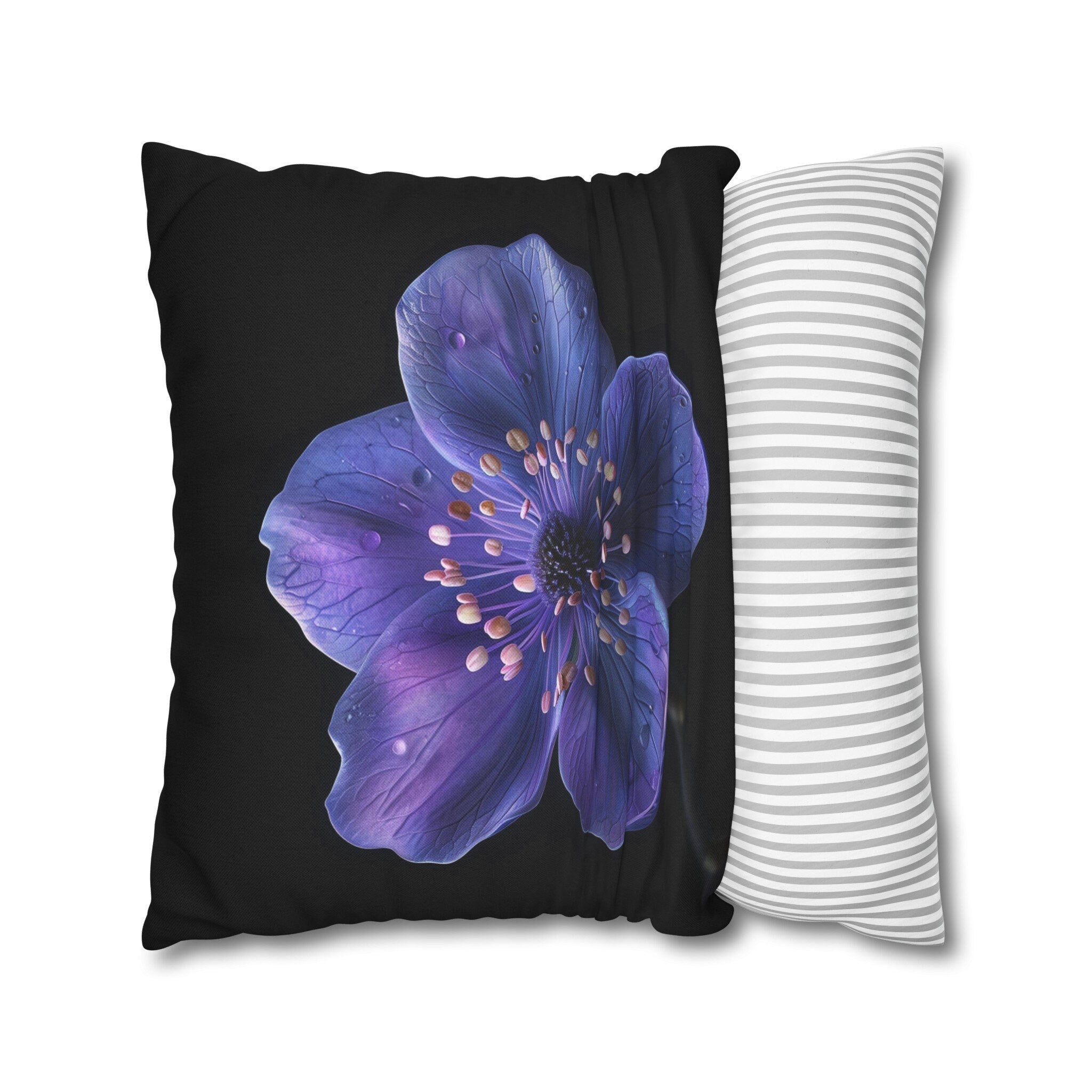 Purple Anemone Floral Pillow Cover, Vivid Flower on Black