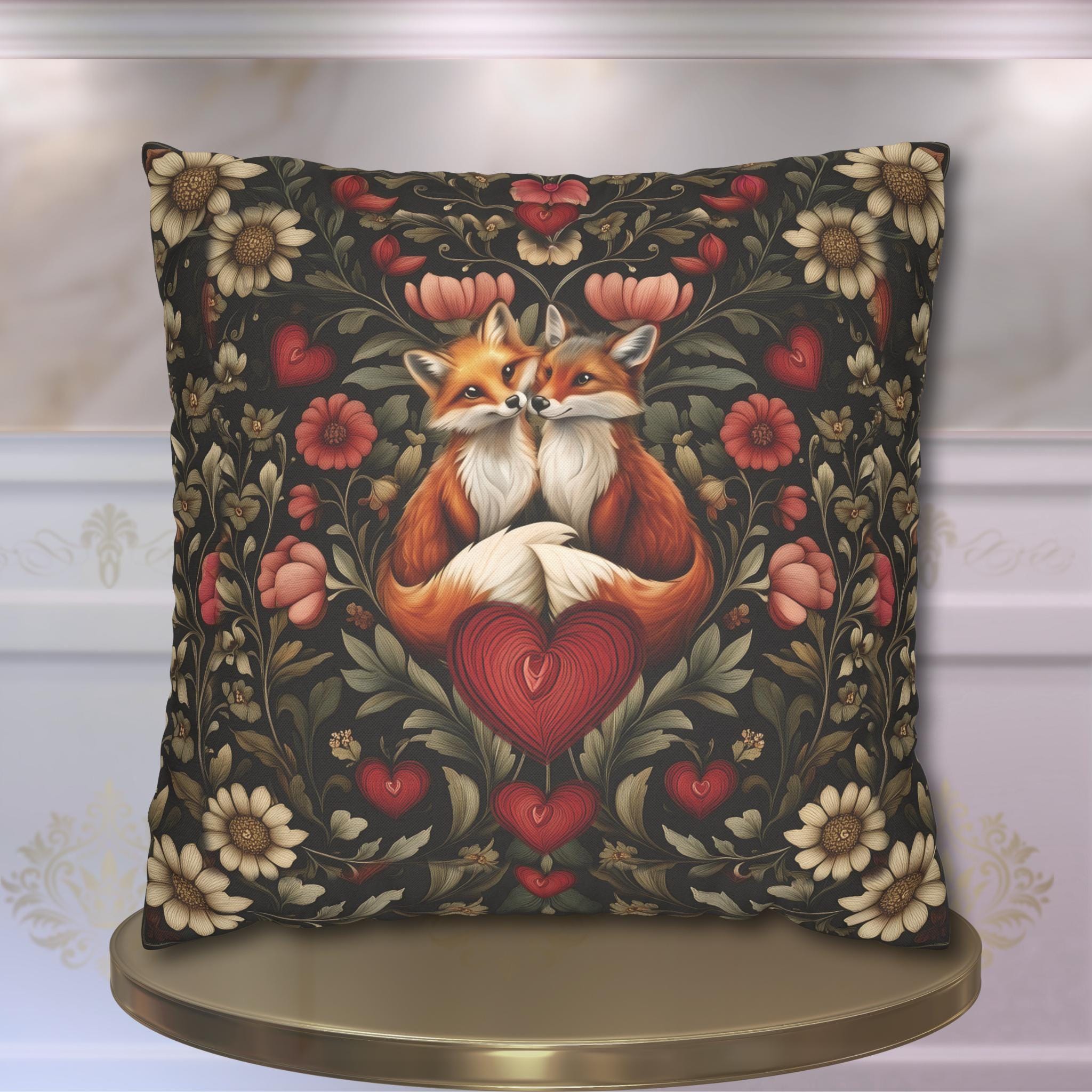 Fox Love William Morris Inspired Pillow Cover: Romantic Vintage Style Decor