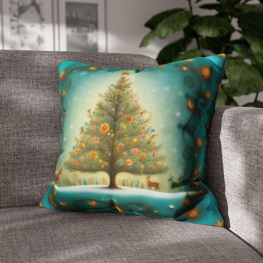 Vintage Style Teal Blue Christmas Tree Pillow Cover: Floral Winter Scene with Gold Accents