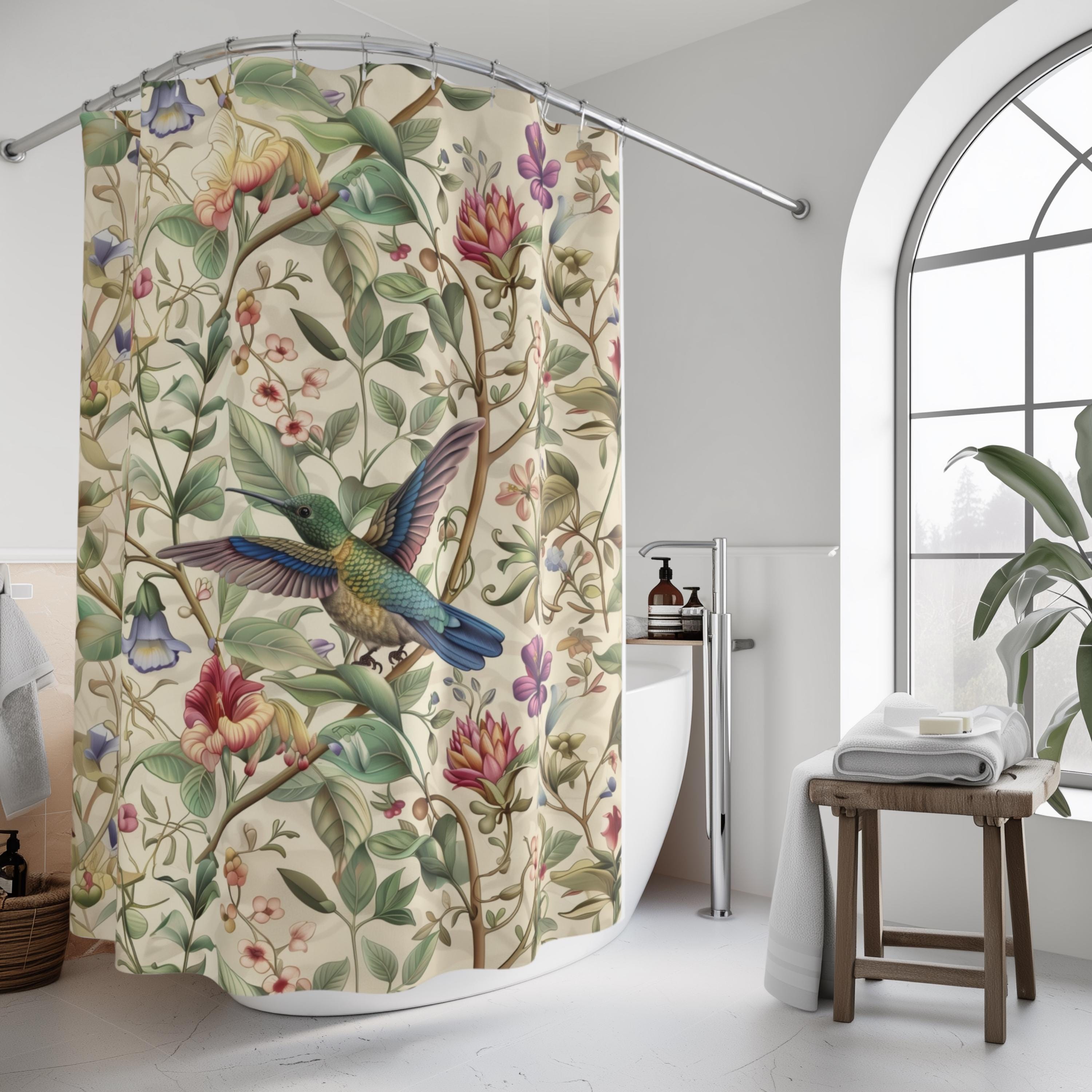 William Morris Hummingbird Botanical Shower Curtain: Vintage Style Floral Cream Bathroom Decor
