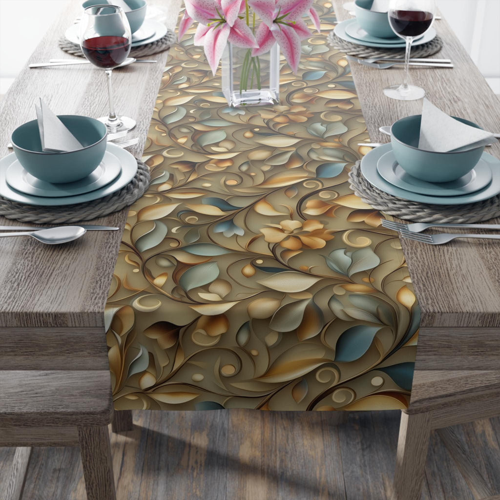 Elegant William Morris Inspired Autumn Leaves Table Runner: Gold, Blue, Sage Botanical Print