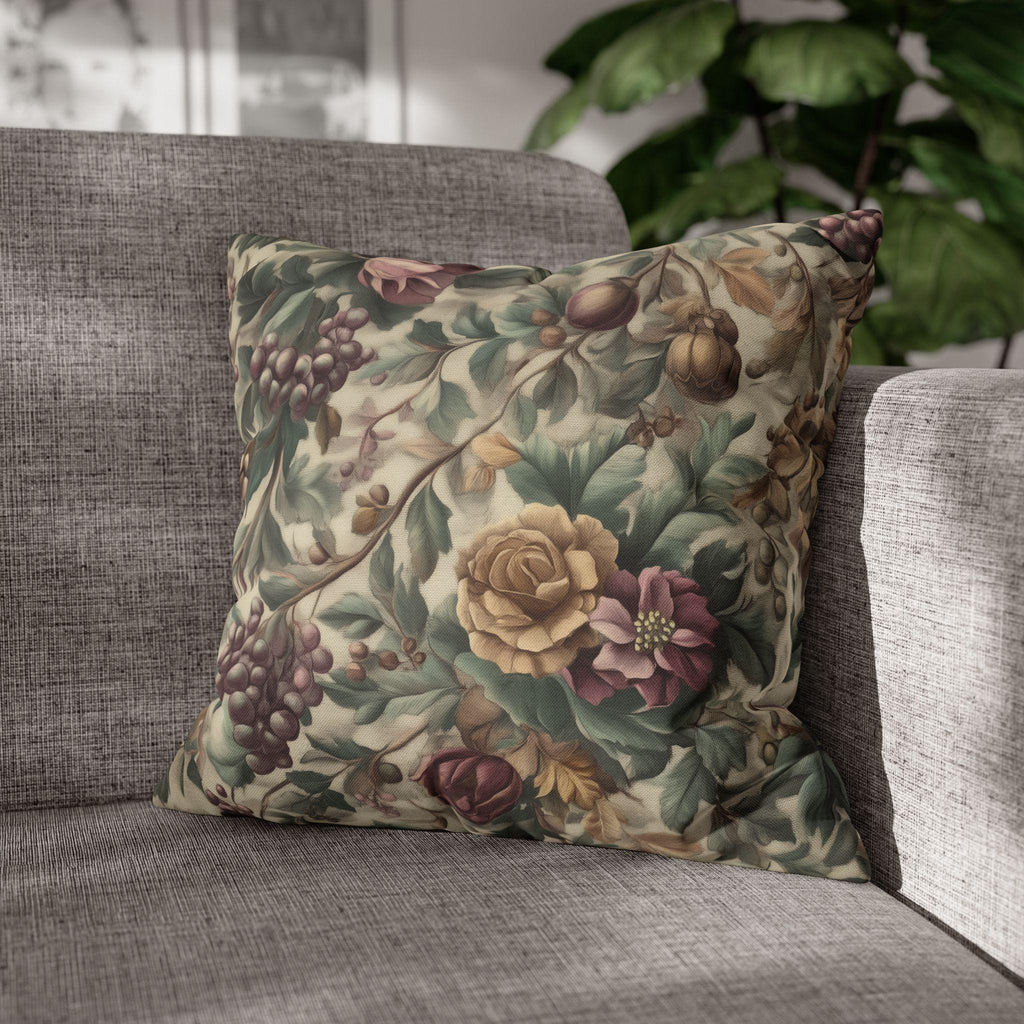 William Morris Inspired Christmas Floral Pillow Cover: Moss, Plum & Gold Square Polyester Cushion Case