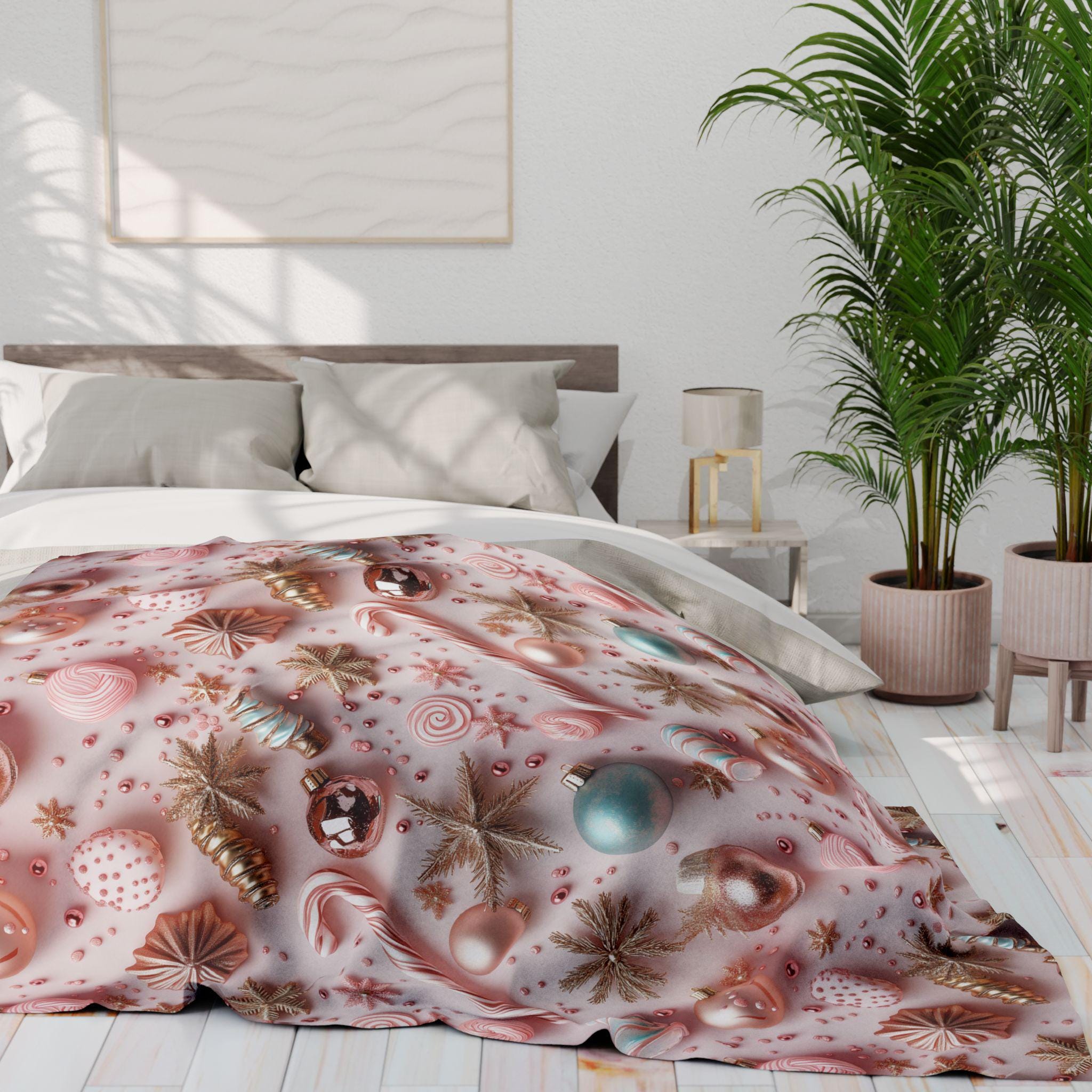Candycore Soft Fleece Blanket, Pastel Pink, Minty Blue Whimsical Christmas Holiday Decor